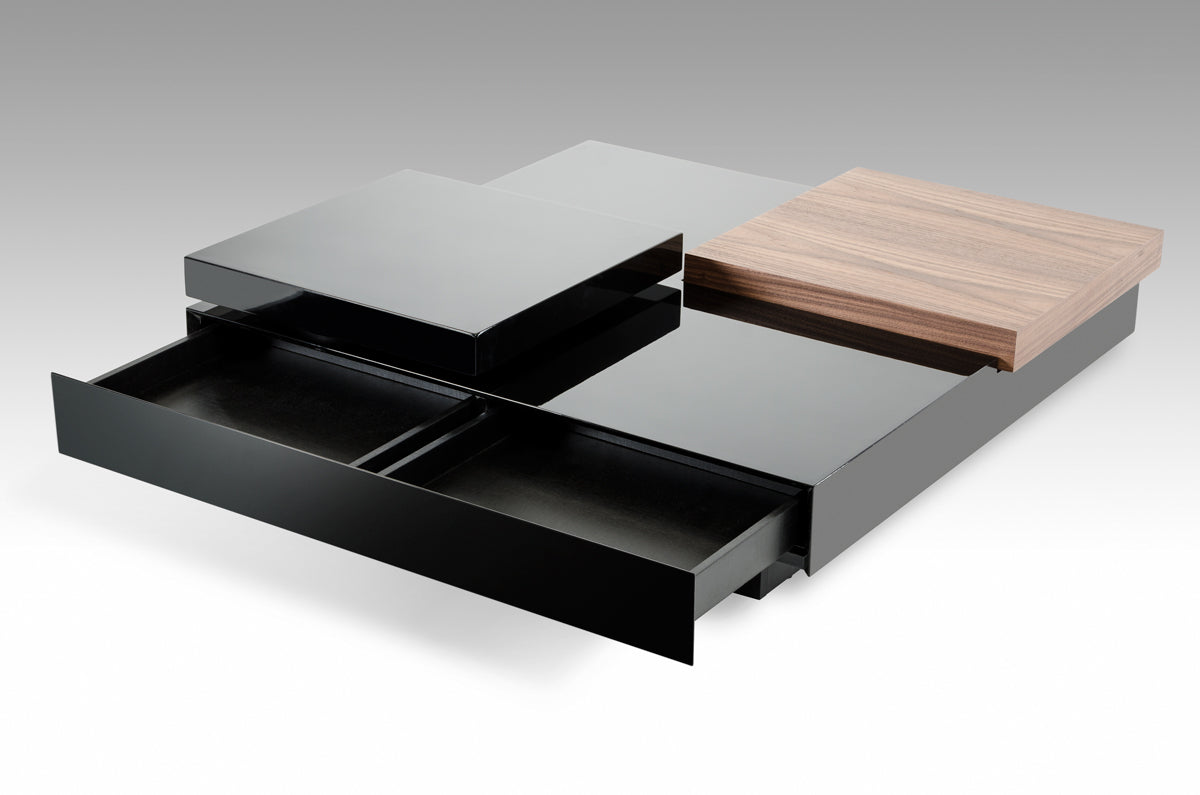 A stylish 13-inch coffee table made of walnut and black MDF and veneer, featuring a contemporary design with shelves for storage.
