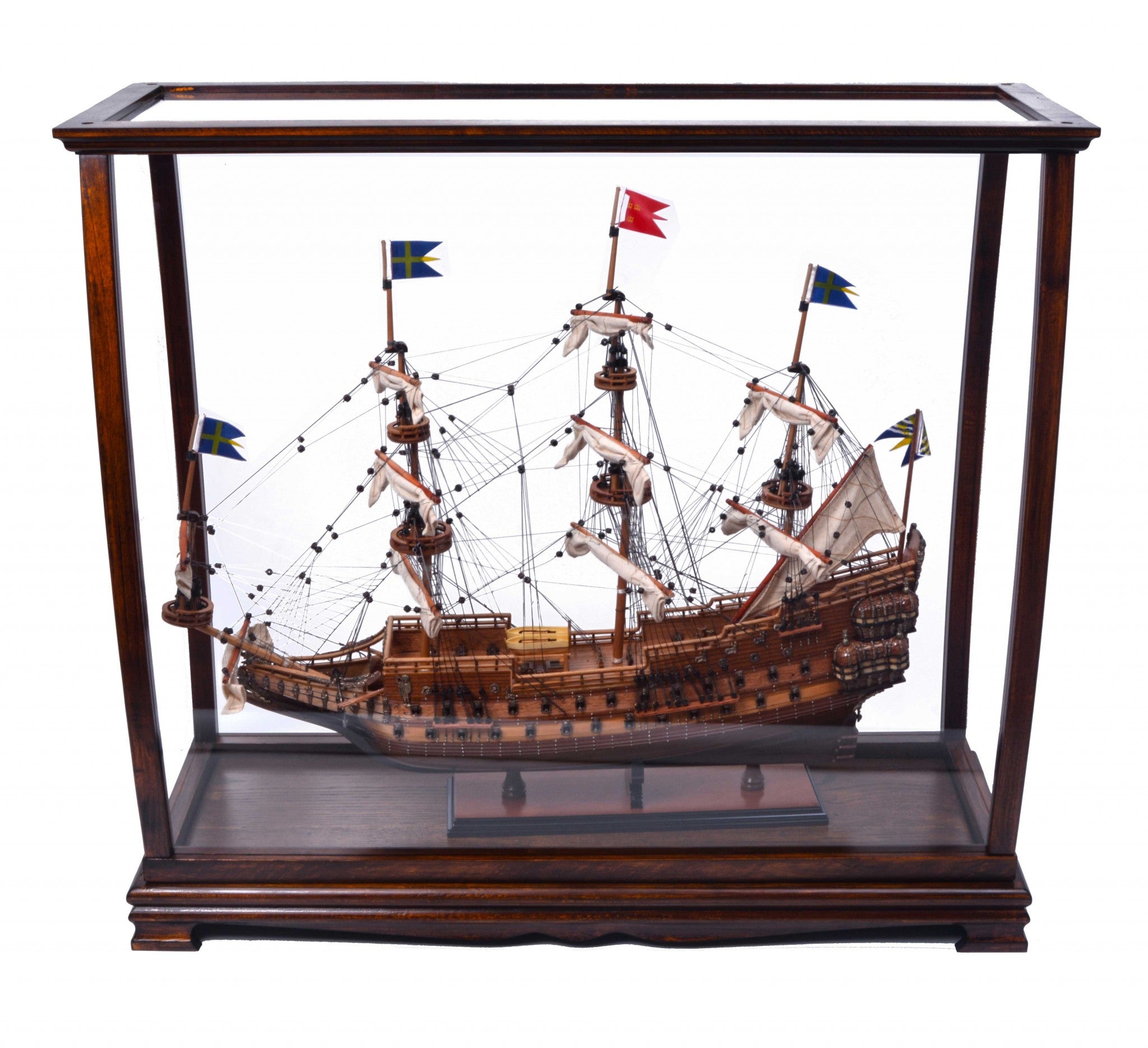 Classic brown hardwood display case for tall ships, showcasing elegant design and protective features.