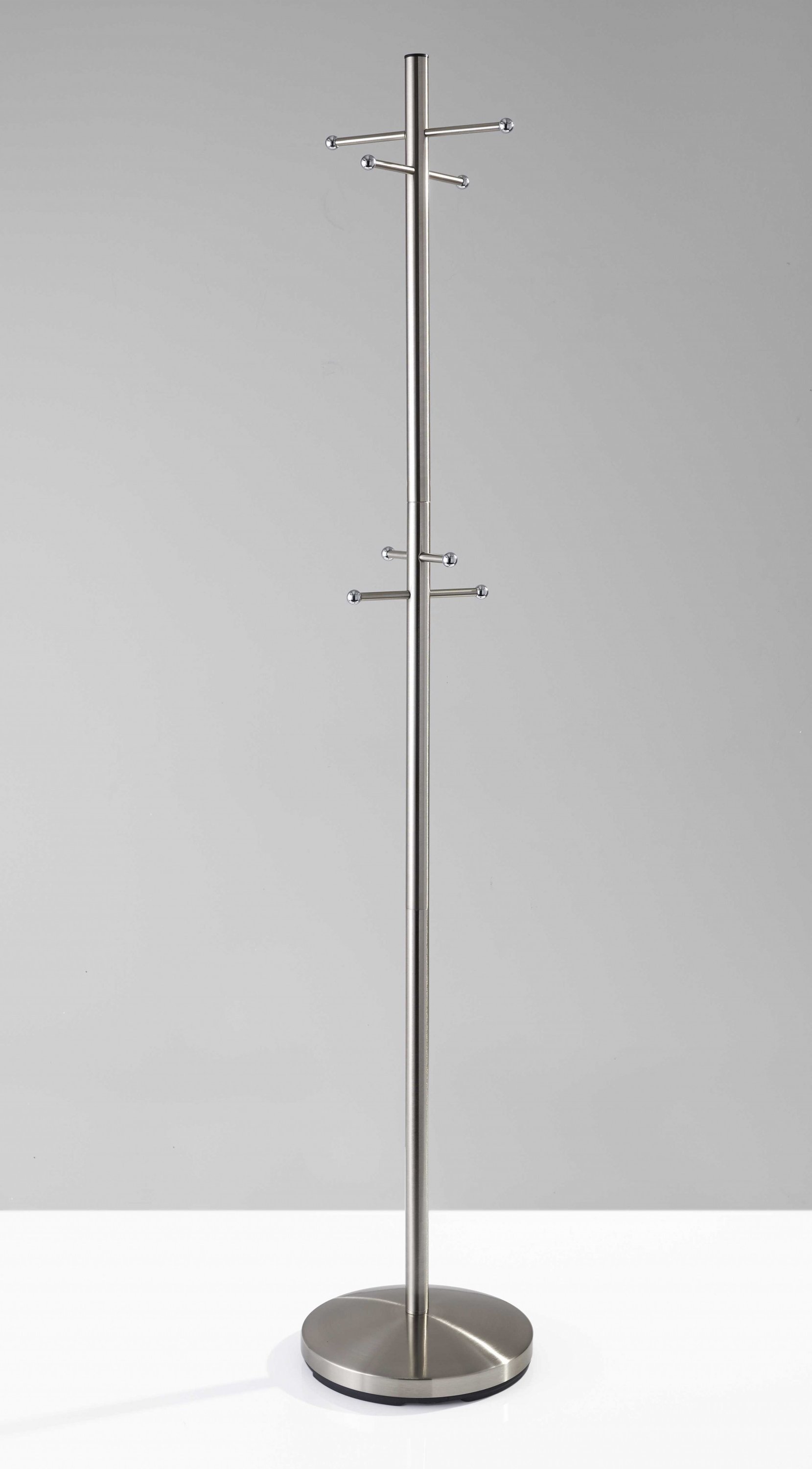 A sleek 13x67 inches brushed steel coat rack with four hooks, designed for modern entryways.