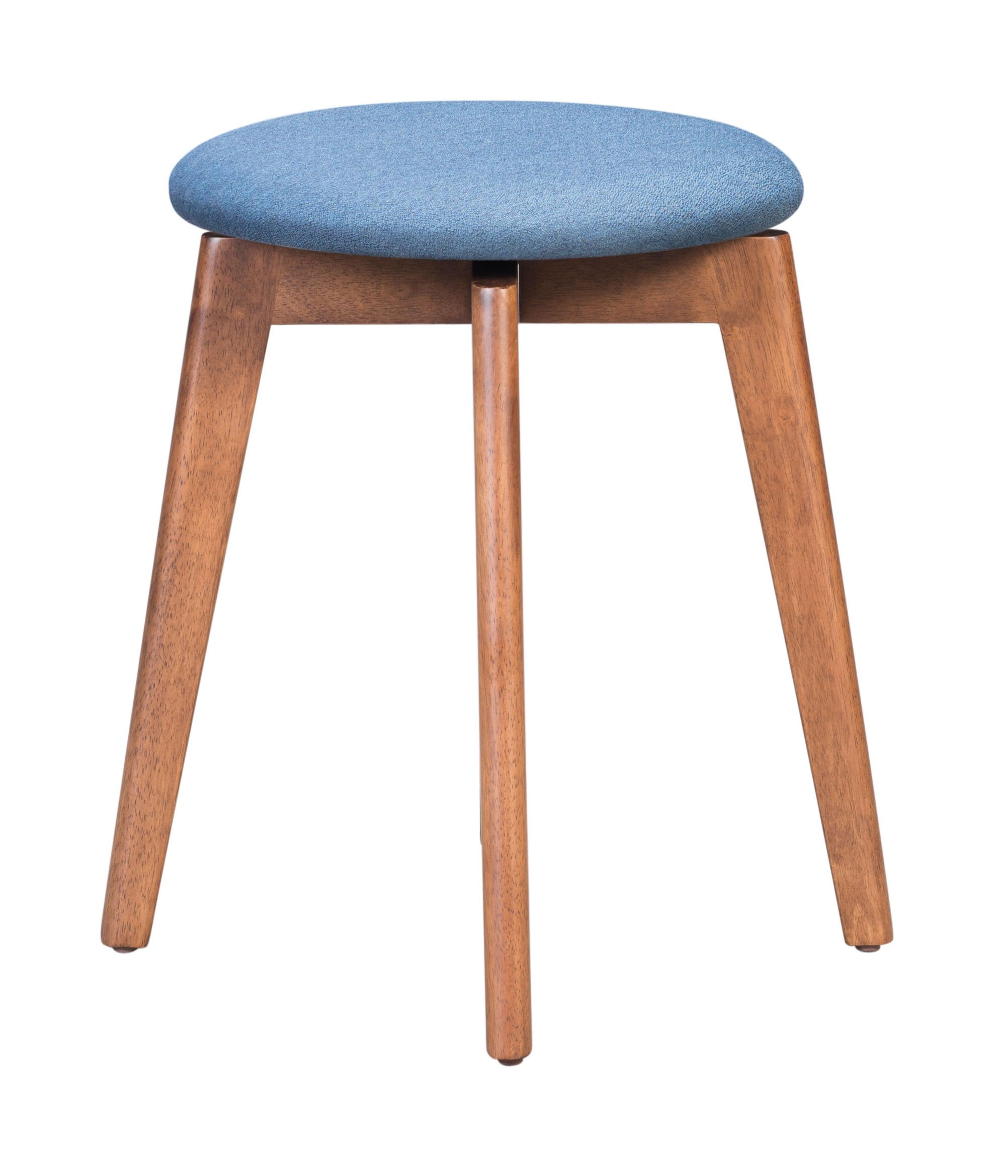 A stylish petite stool featuring an upholstered round seat in ink blue poly linen and a walnut wood base, perfect for home or office use.
