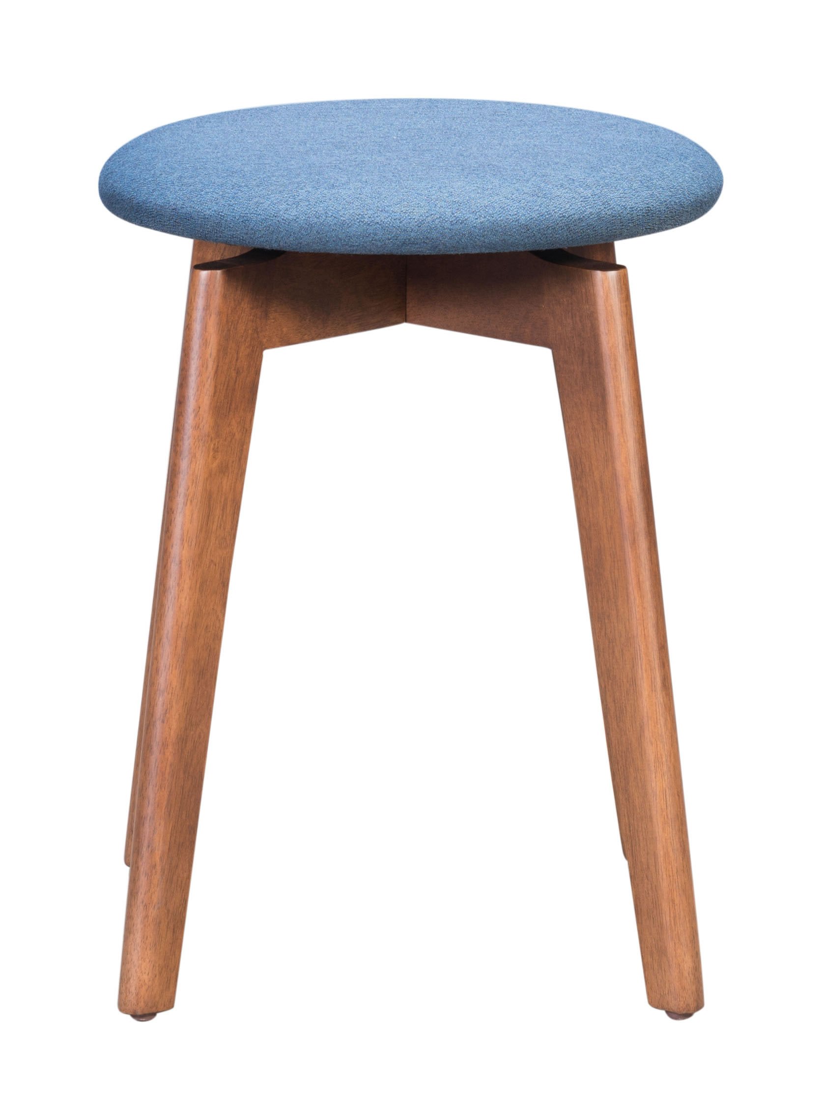 A stylish petite stool featuring an upholstered round seat in ink blue poly linen and a walnut wood base, perfect for home or office use.