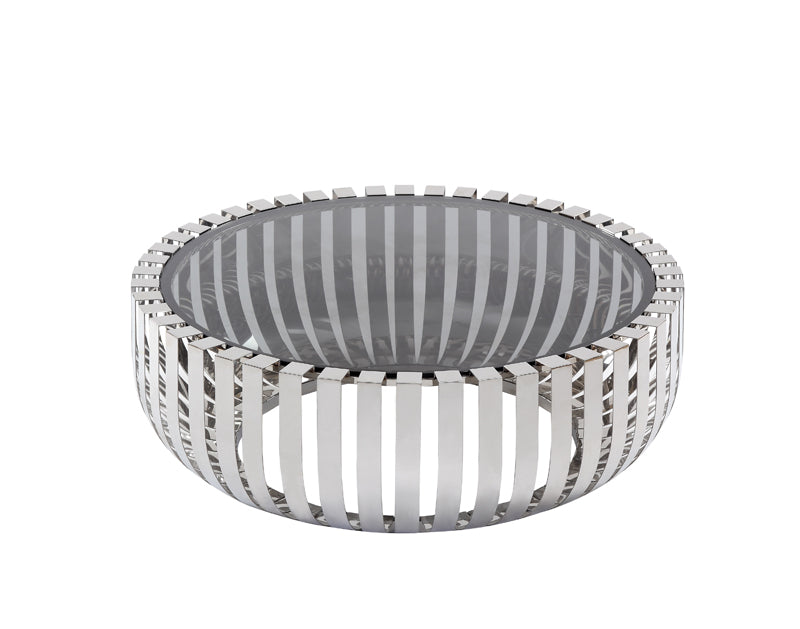 A stylish 14-inch round coffee table featuring a glass top and stainless steel base, perfect for contemporary living rooms.