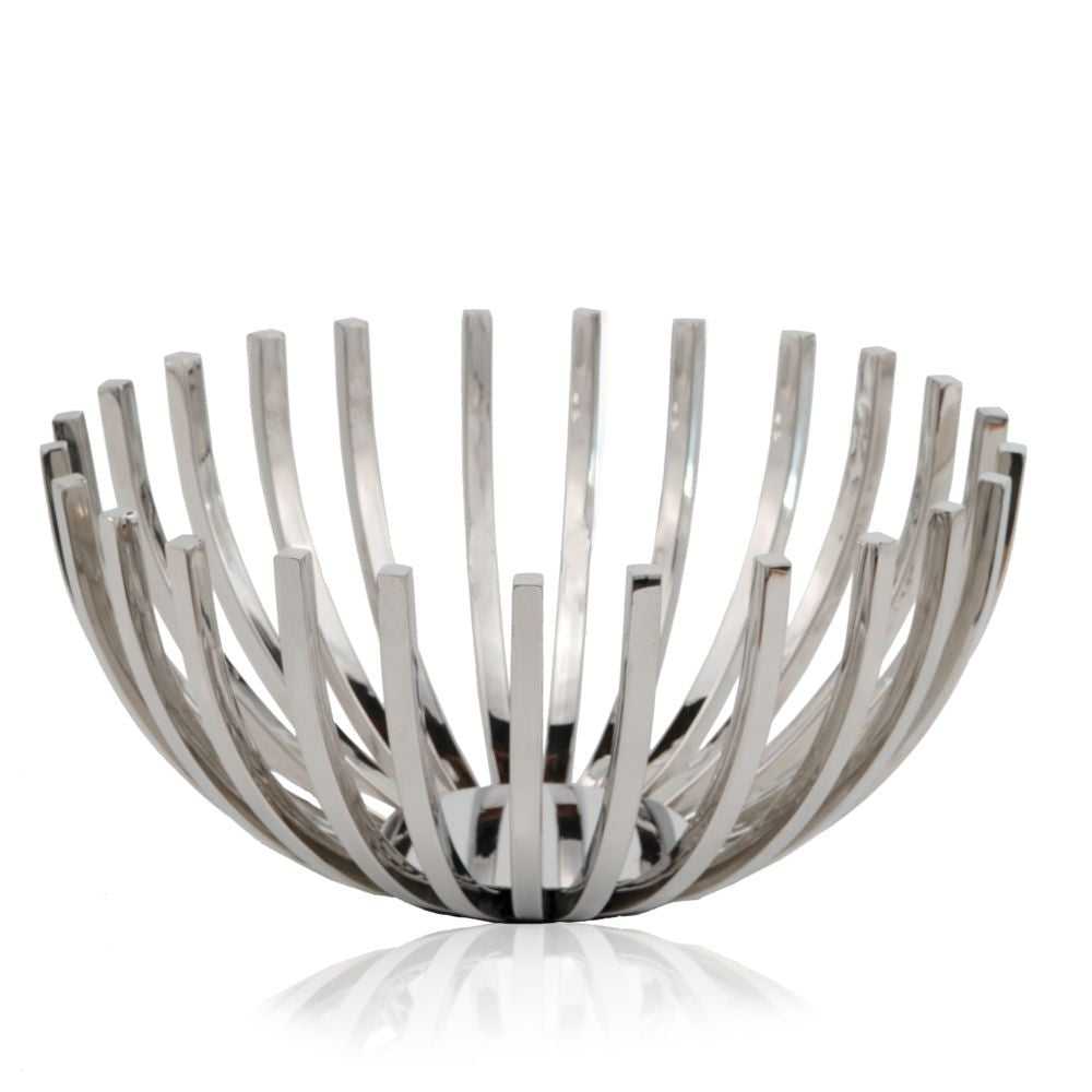 14-inch round stainless steel modern open centerpiece bowl with a shiny silver finish, elegantly displayed on a table.