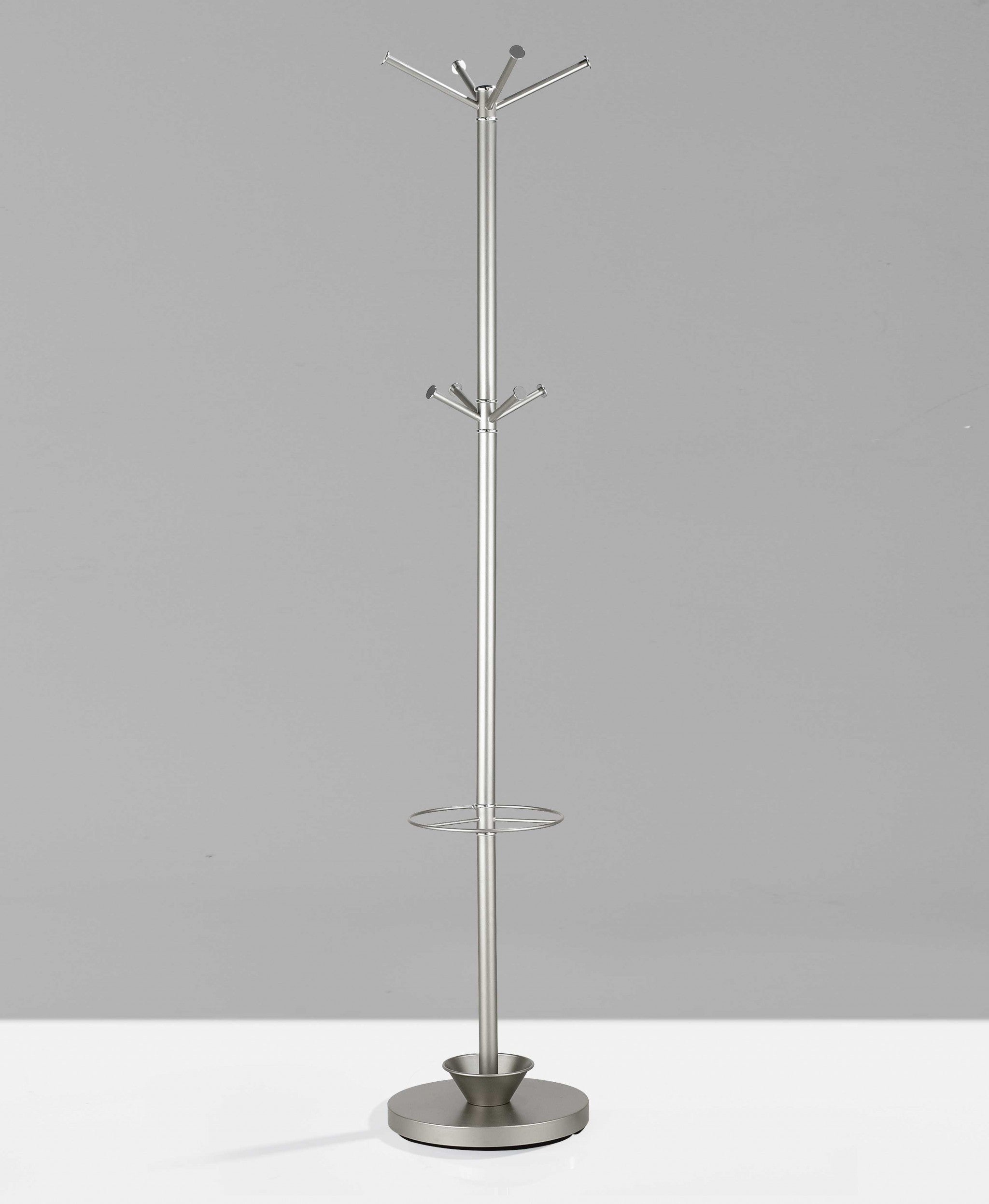 14 inches x 70 inches champagne powder coated steel umbrella stand coat rack with chrome accents, designed for modern spaces.