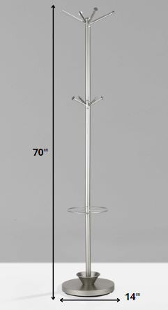 14 inches x 70 inches champagne powder coated steel umbrella stand coat rack with chrome accents, designed for modern spaces.