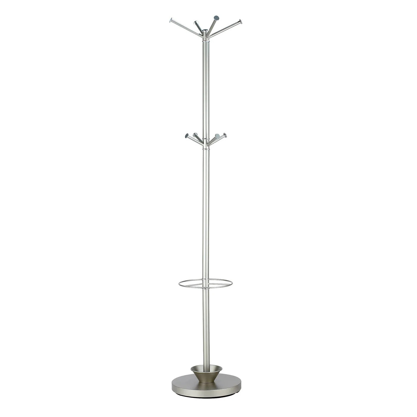 14 inches x 70 inches champagne powder coated steel umbrella stand coat rack with chrome accents, designed for modern spaces.