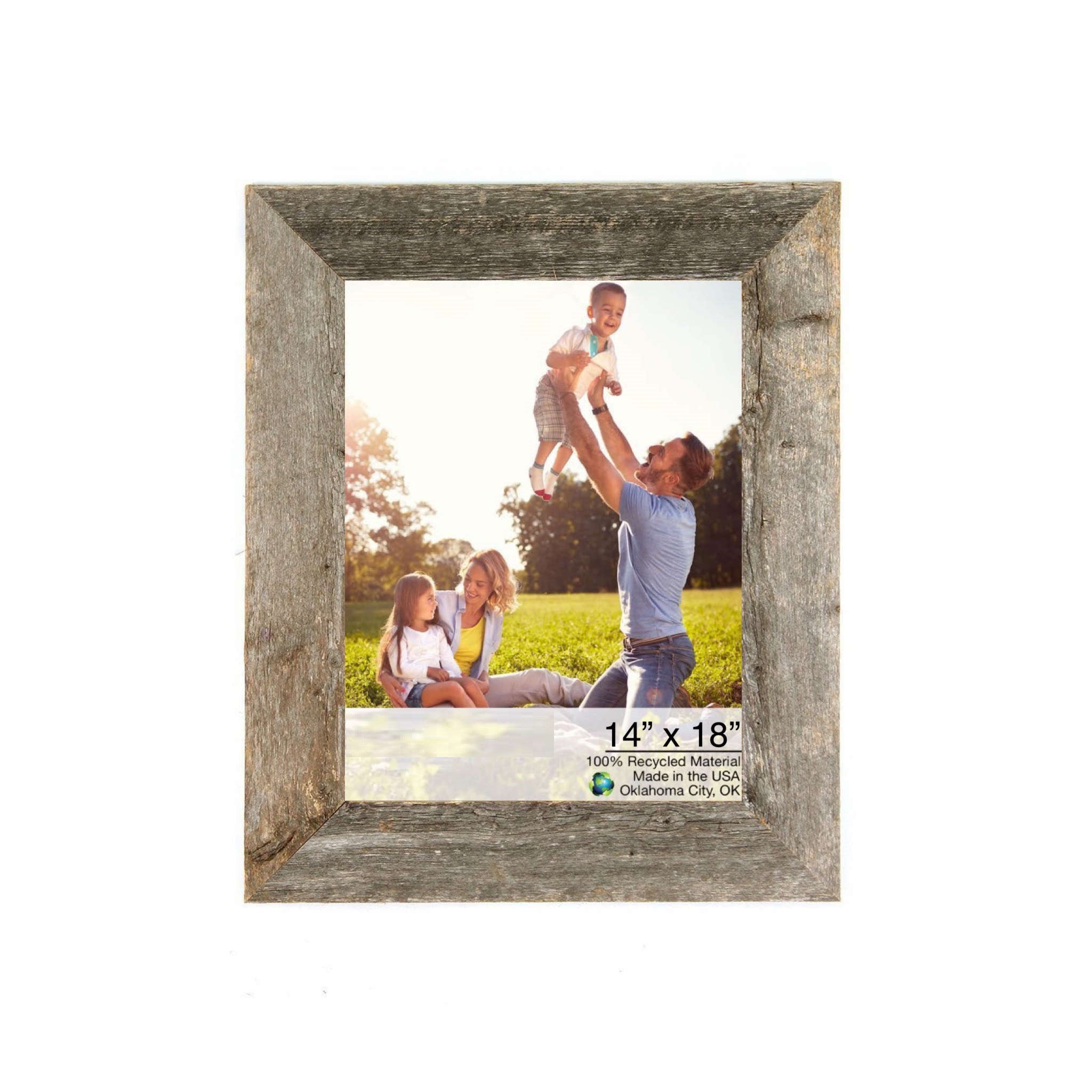 A rustic 14x18 natural weathered grey picture frame made from reclaimed wood, featuring a plexiglass holder for photo protection.