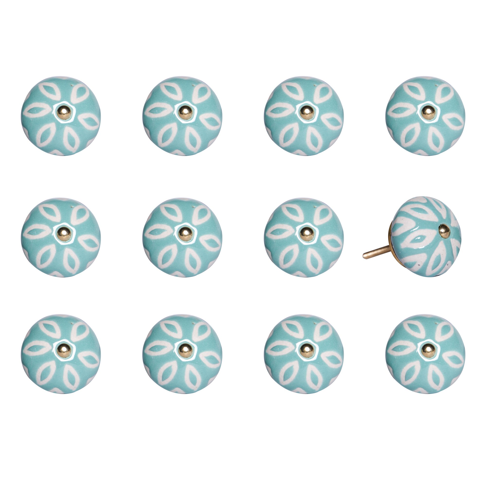 A 12-pack of hand-painted turquoise, white, and gold knobs, showcasing vibrant colors and intricate designs, perfect for enhancing furniture decor.