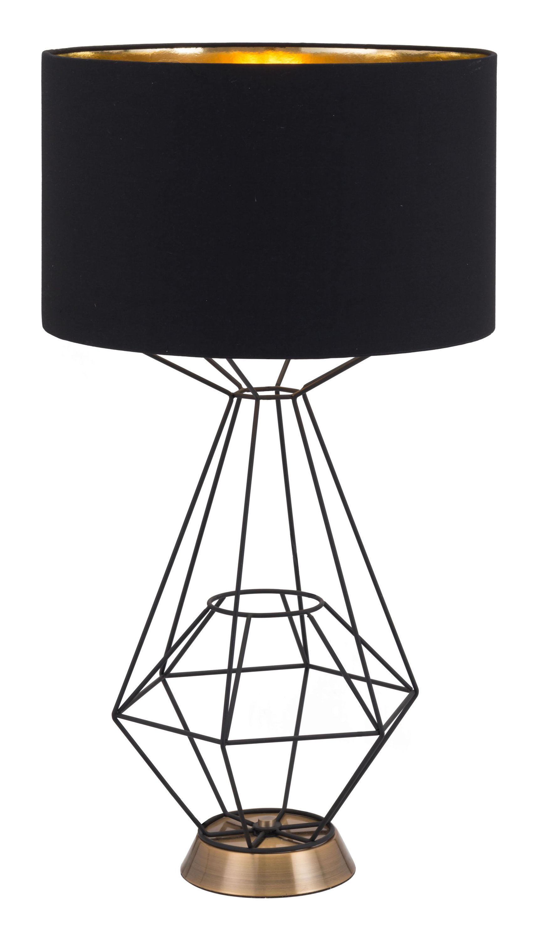 Stylish 15" x 15" x 28" black table lamp with a gold-lined drum shade, showcasing an architectural design and open construction.