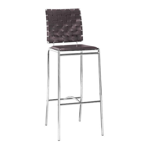 Two elegant espresso leatherette barstools with stainless steel and bamboo frame, featuring rich leather cushions, perfect for kitchen or bar settings.