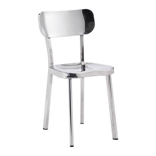 Set of 2 modern stainless steel chairs with oval backs and molded seats, perfect for dining rooms.