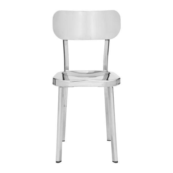 Set of 2 modern stainless steel chairs with oval backs and molded seats, perfect for dining rooms.