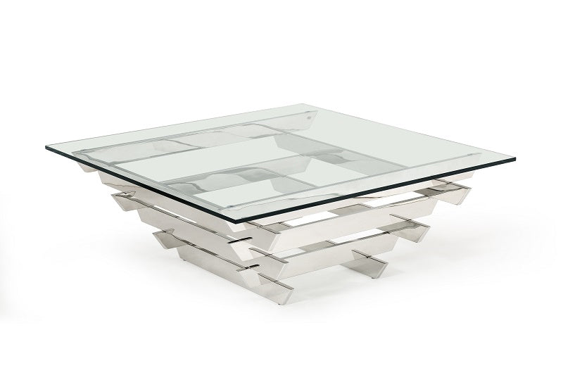 A stylish 15-inch square coffee table made of glass and stainless steel, featuring a sleek design suitable for contemporary living rooms.