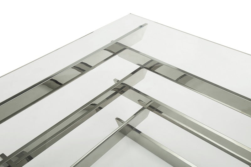 A stylish 15-inch square coffee table made of glass and stainless steel, featuring a sleek design suitable for contemporary living rooms.