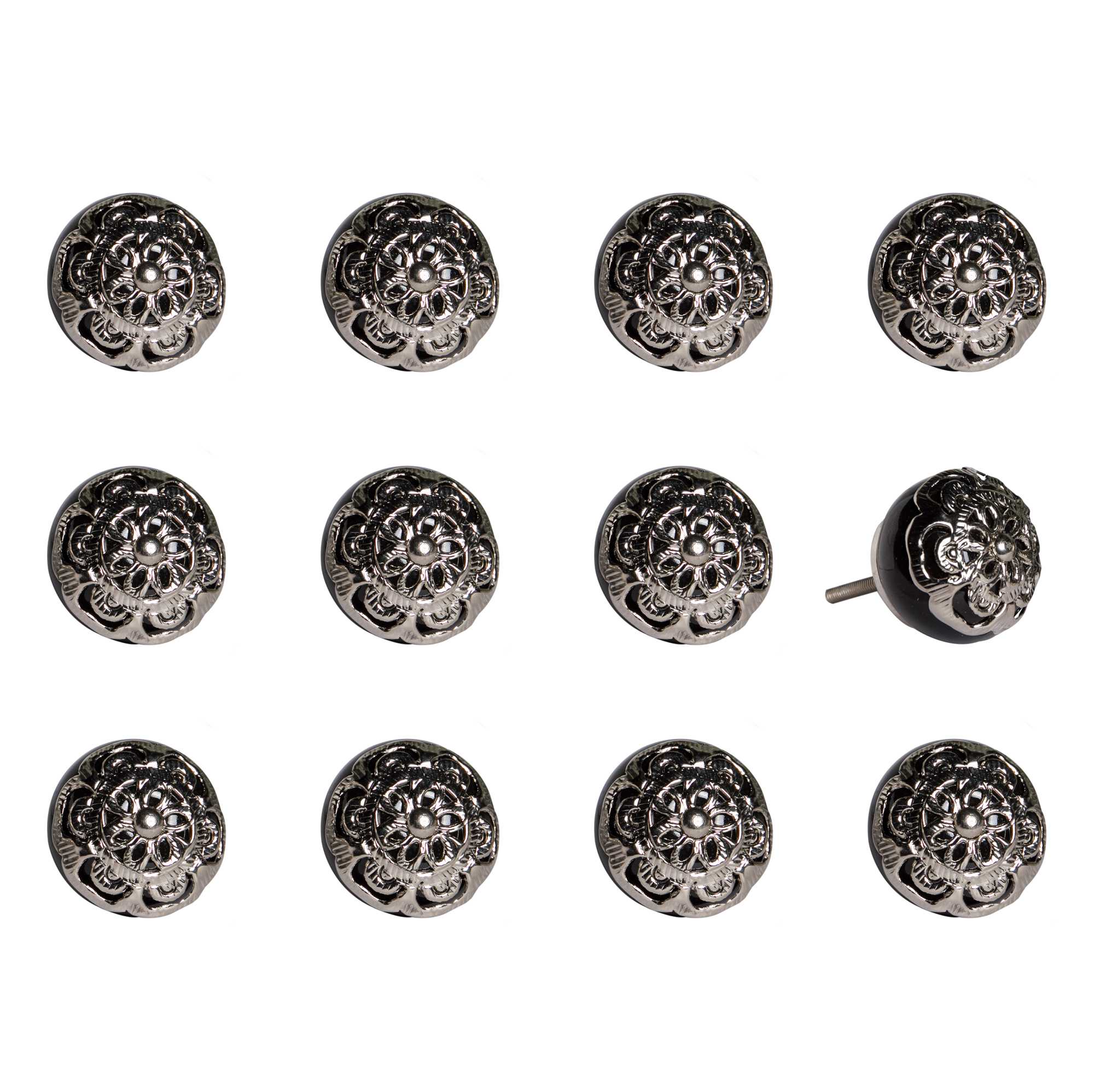 A pack of 12 black and chrome ceramic knobs, each measuring 1.5 inches, designed for furniture enhancement.