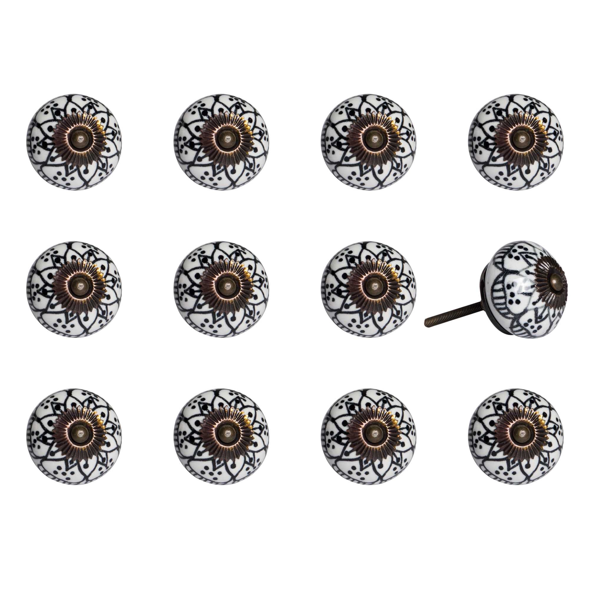 A pack of 12 black, white, and copper ceramic knobs, each measuring 1.5 inches, showcasing a hand-painted floral design.
