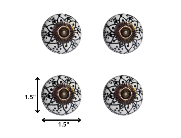 A pack of 12 black, white, and copper ceramic knobs, each measuring 1.5 inches, showcasing a hand-painted floral design.
