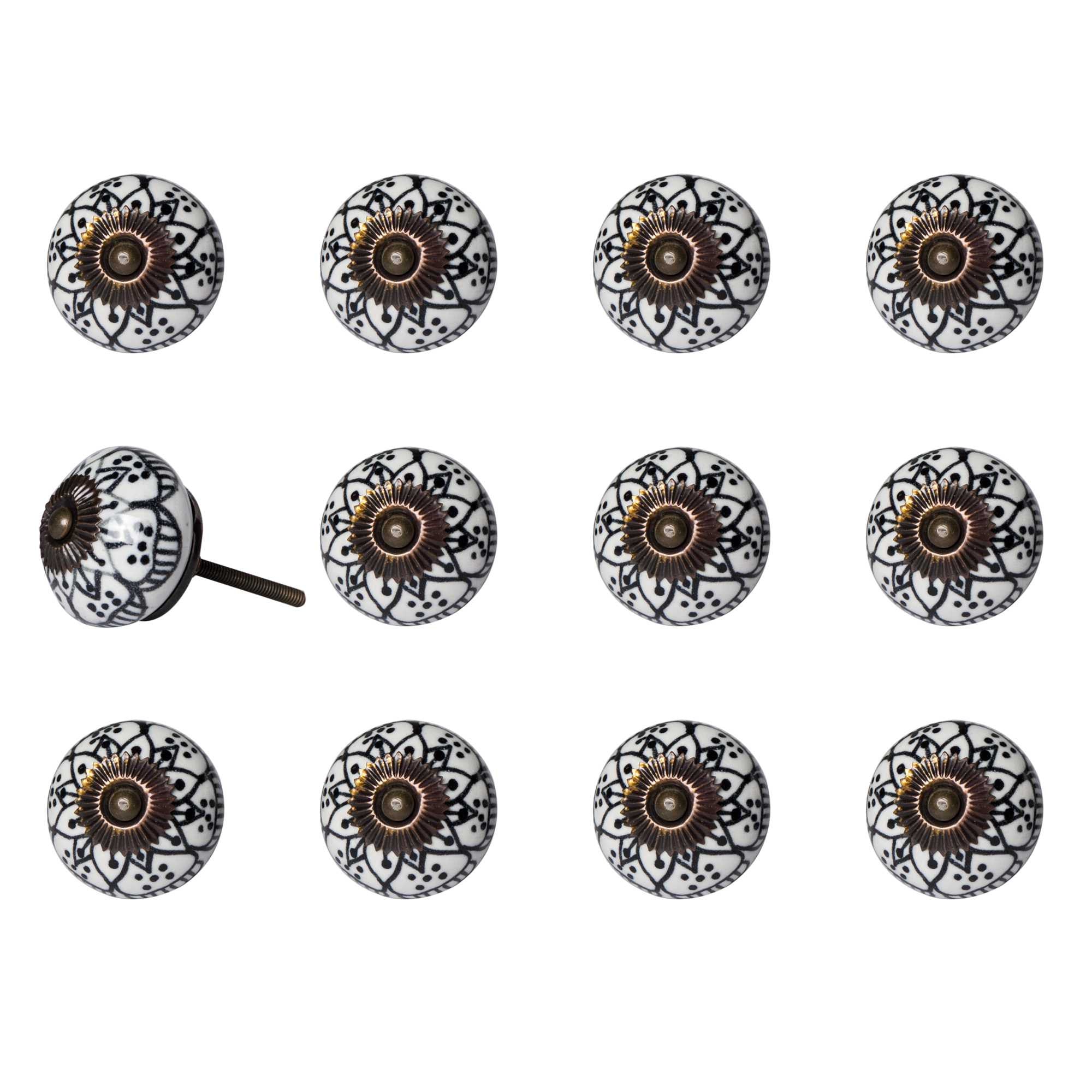 A pack of 12 black, white, and copper ceramic knobs, each measuring 1.5 inches, showcasing a hand-painted floral design.