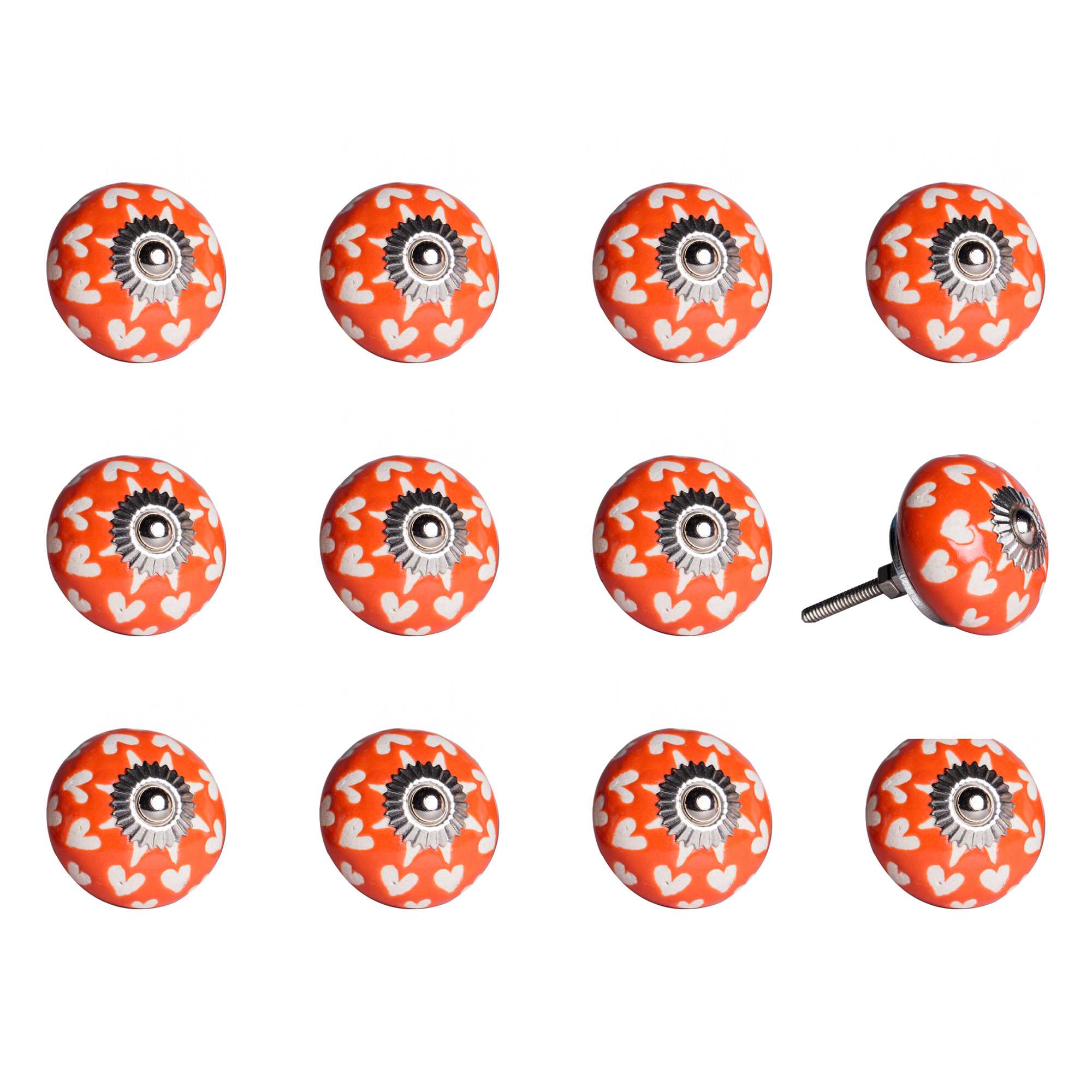 A set of 12 hand-painted ceramic knobs in orange, white, and silver, designed for furniture enhancement.