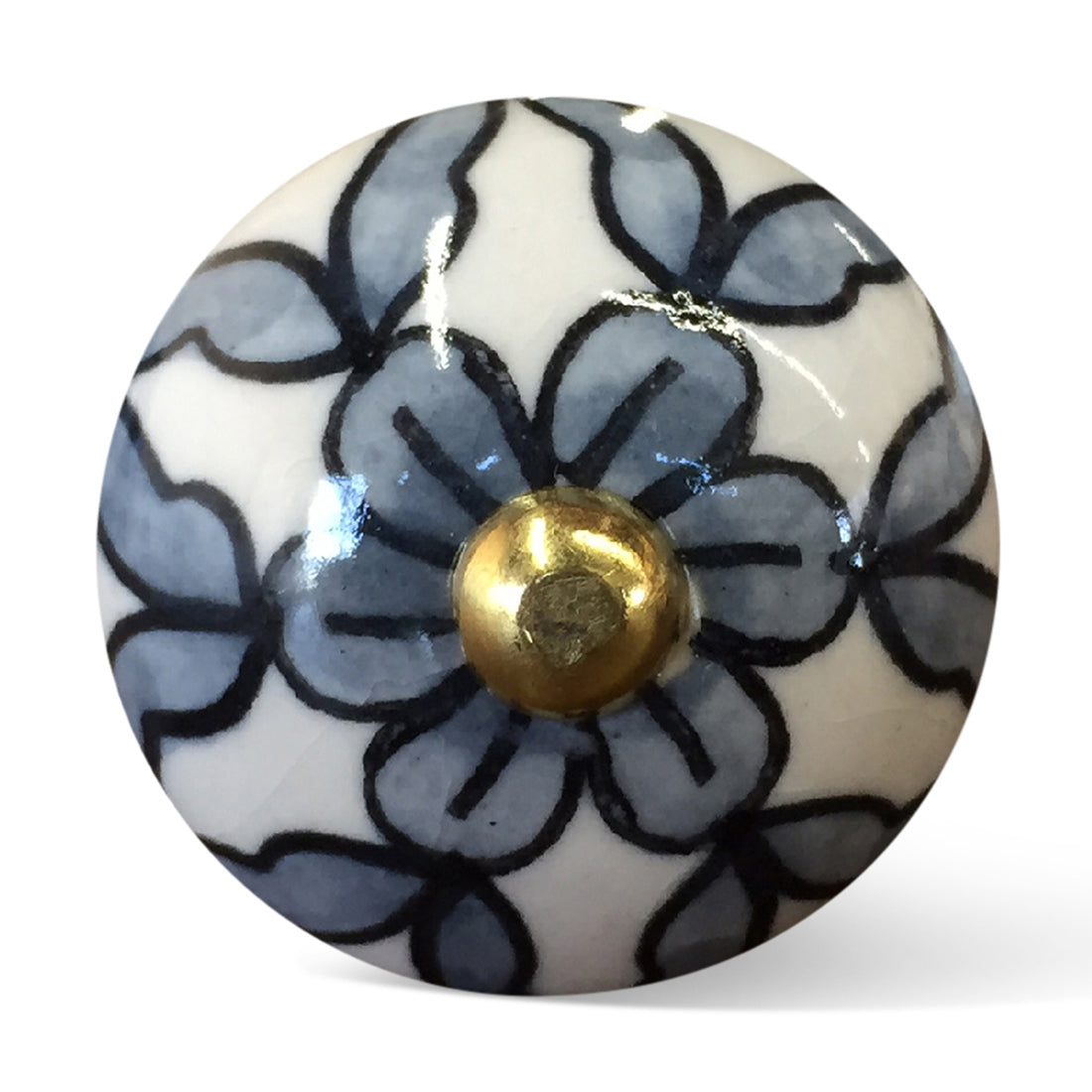 A pack of 12 vintage ceramic knobs in white, blue, and black, showcasing unique hand-painted designs, perfect for cabinets and drawers.
