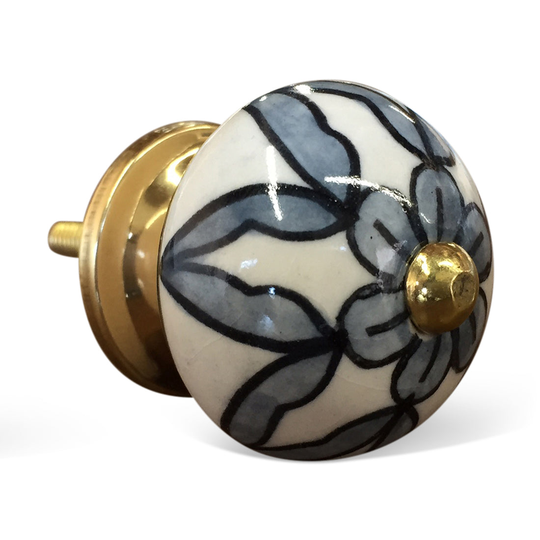 A pack of 12 vintage ceramic knobs in white, blue, and black, showcasing unique hand-painted designs, perfect for cabinets and drawers.