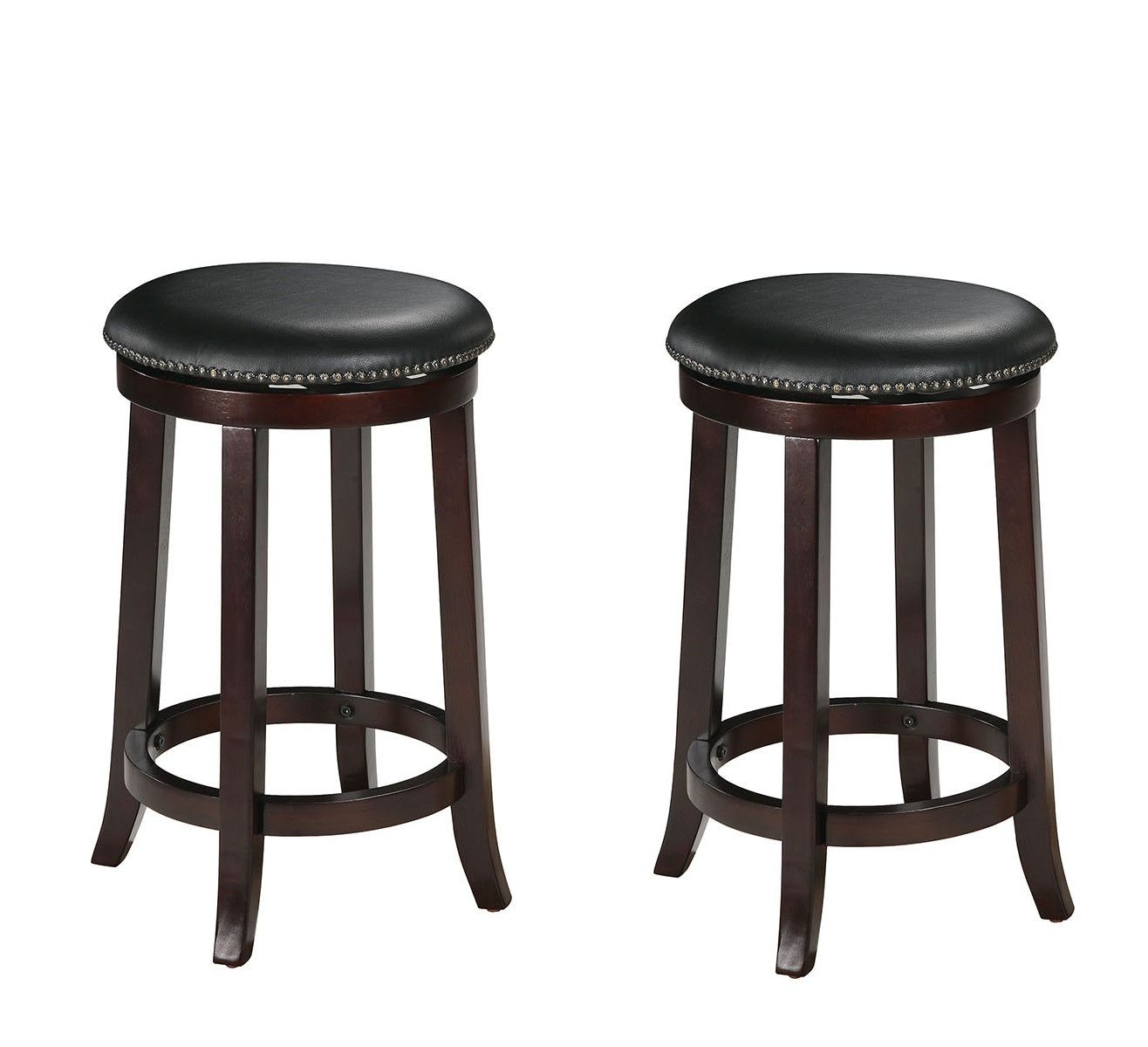 Two espresso swivel counter height stools with padded seats and wooden legs, designed for dining or bar areas.
