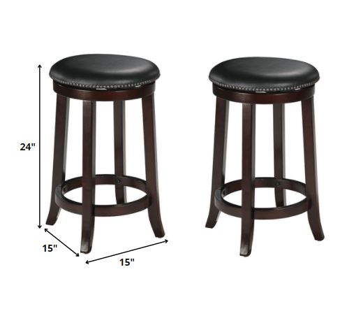 Two espresso swivel counter height stools with padded seats and wooden legs, designed for dining or bar areas.
