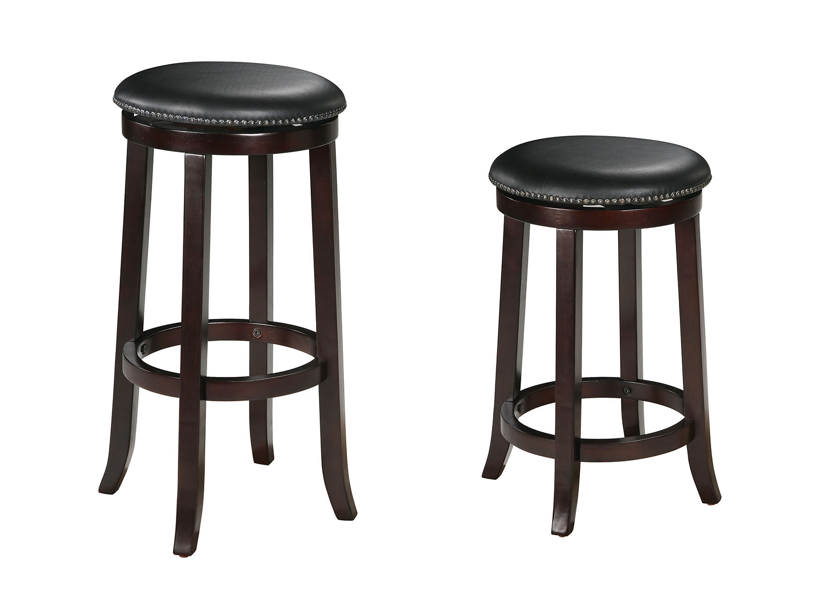Two espresso swivel counter height stools with padded seats and wooden legs, designed for dining or bar areas.