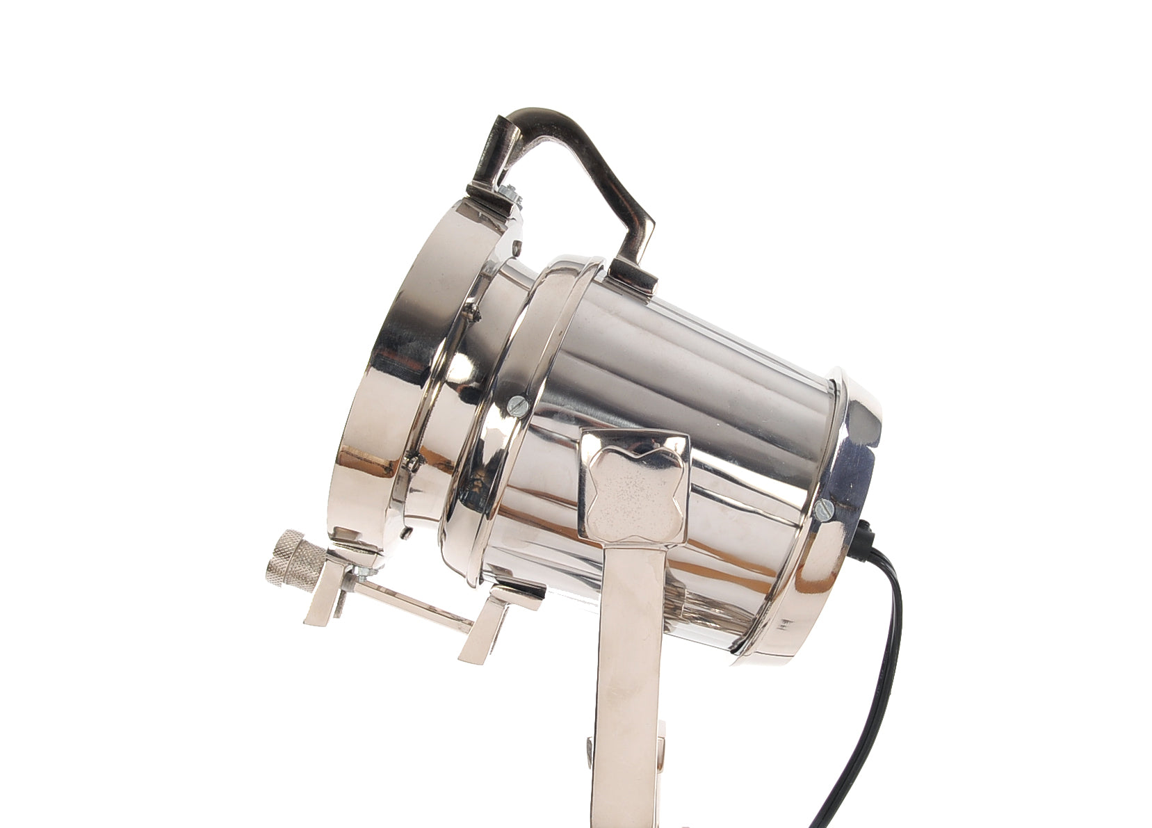 A stylish aluminum spotlight on a wooden stand, showcasing a shiny nickel finish and vintage nautical design, perfect for home or office decor.