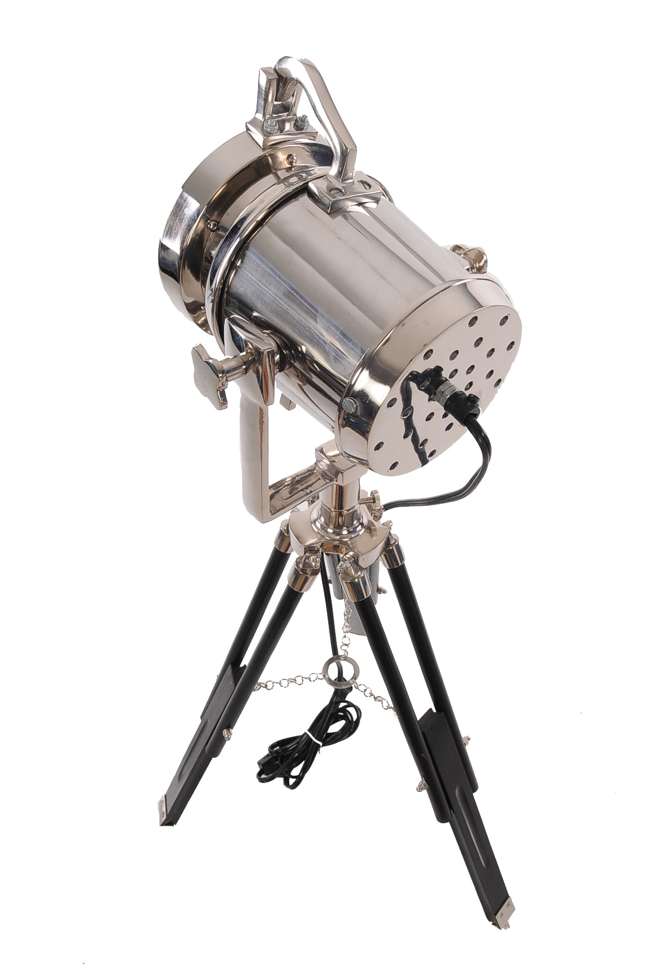 A stylish aluminum spotlight on a wooden stand, showcasing a shiny nickel finish and vintage nautical design, perfect for home or office decor.