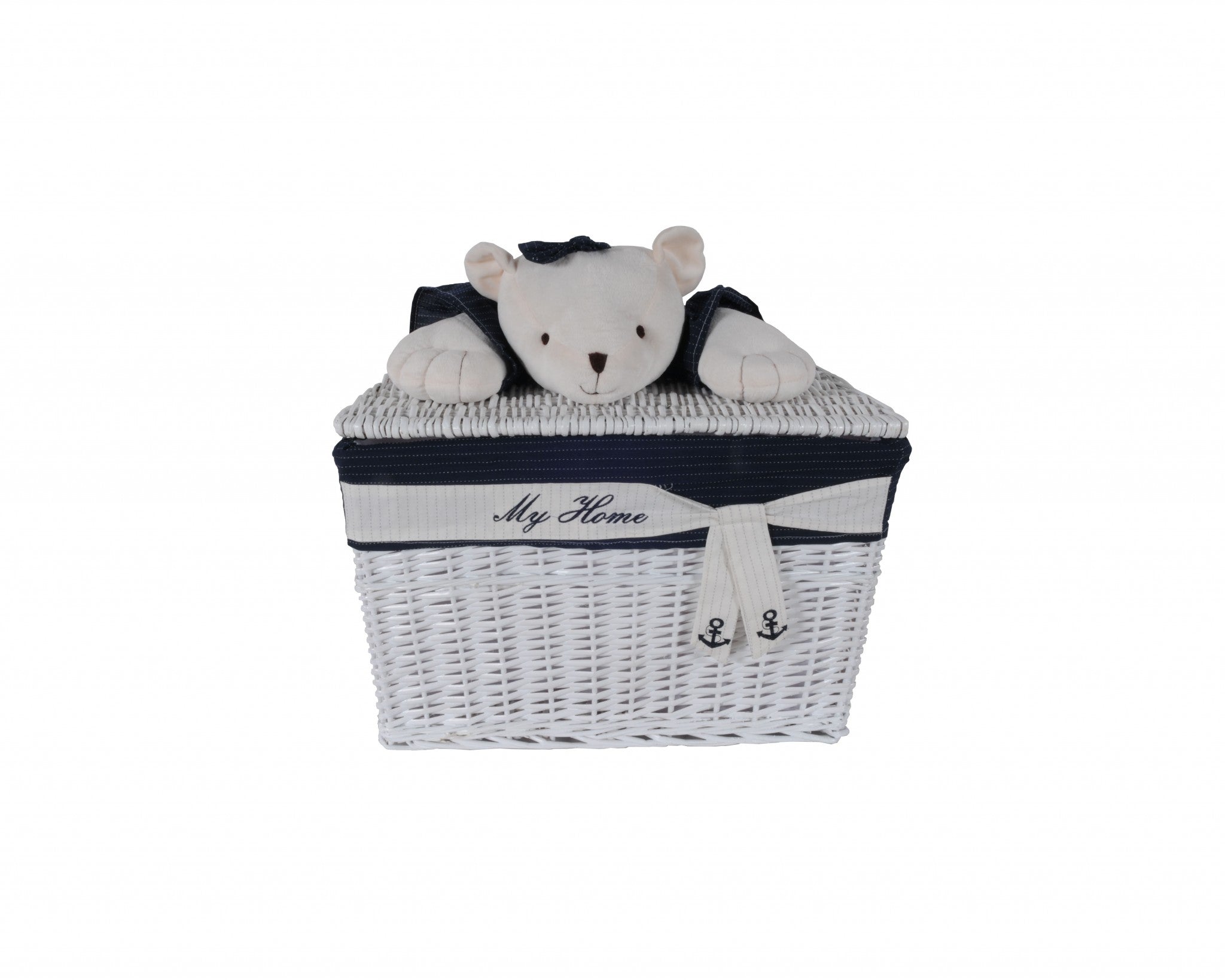 A set of five wooden storage baskets featuring a whimsical bear design in white and blue, perfect for organizing children's toys and clothes.