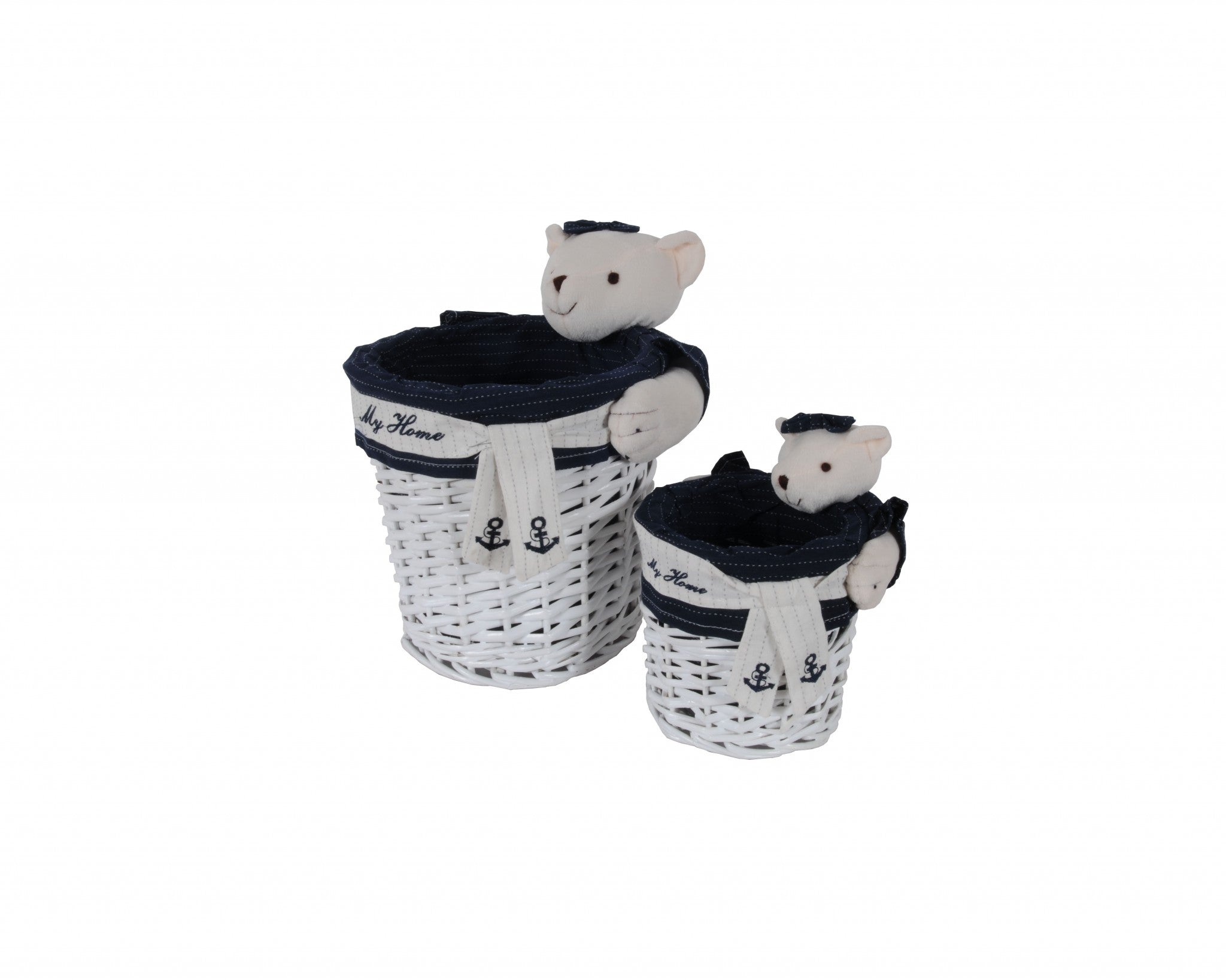 A set of five wooden storage baskets featuring a whimsical bear design in white and blue, perfect for organizing children's toys and clothes.