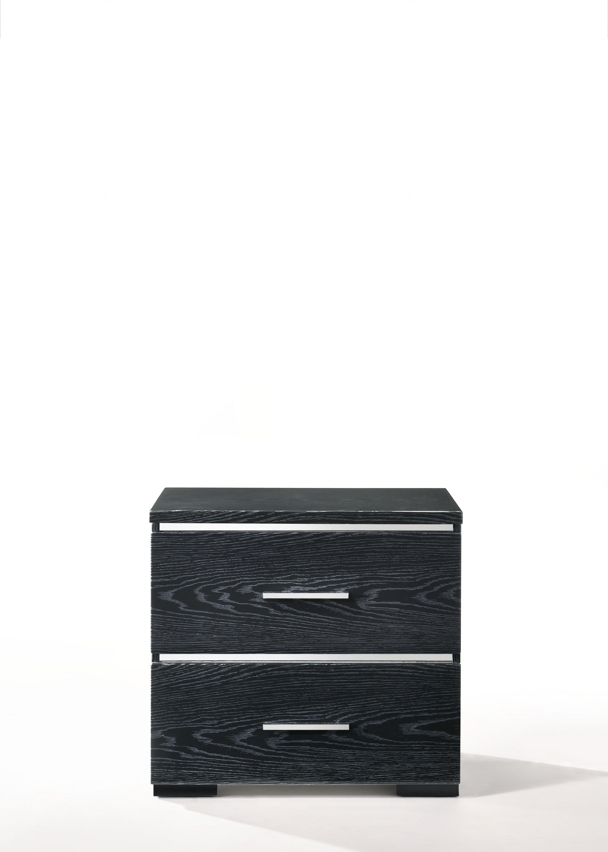 Elegant black high gloss wood veneer nightstand with three drawers, showcasing a contemporary design and polished finish.