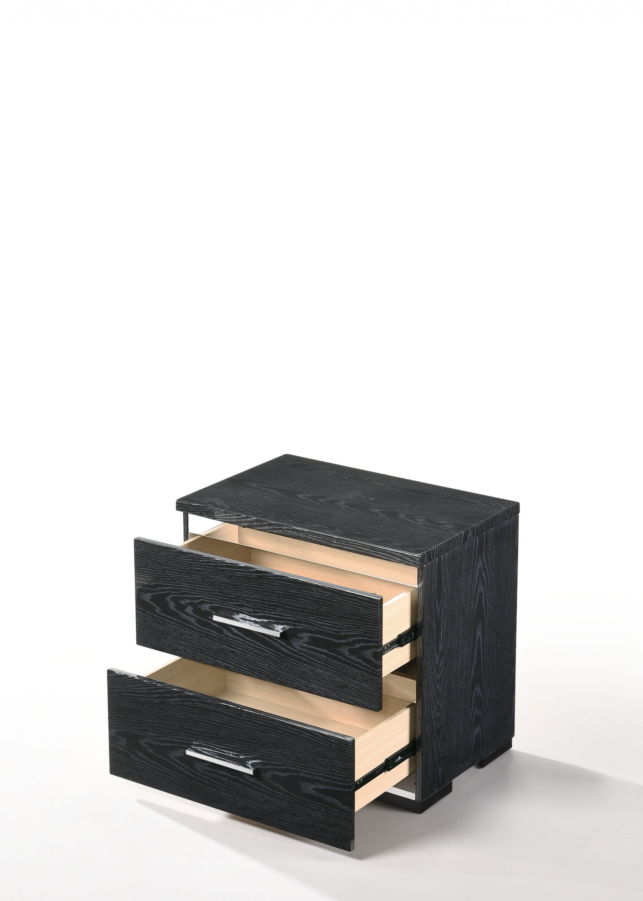Elegant black high gloss wood veneer nightstand with three drawers, showcasing a contemporary design and polished finish.