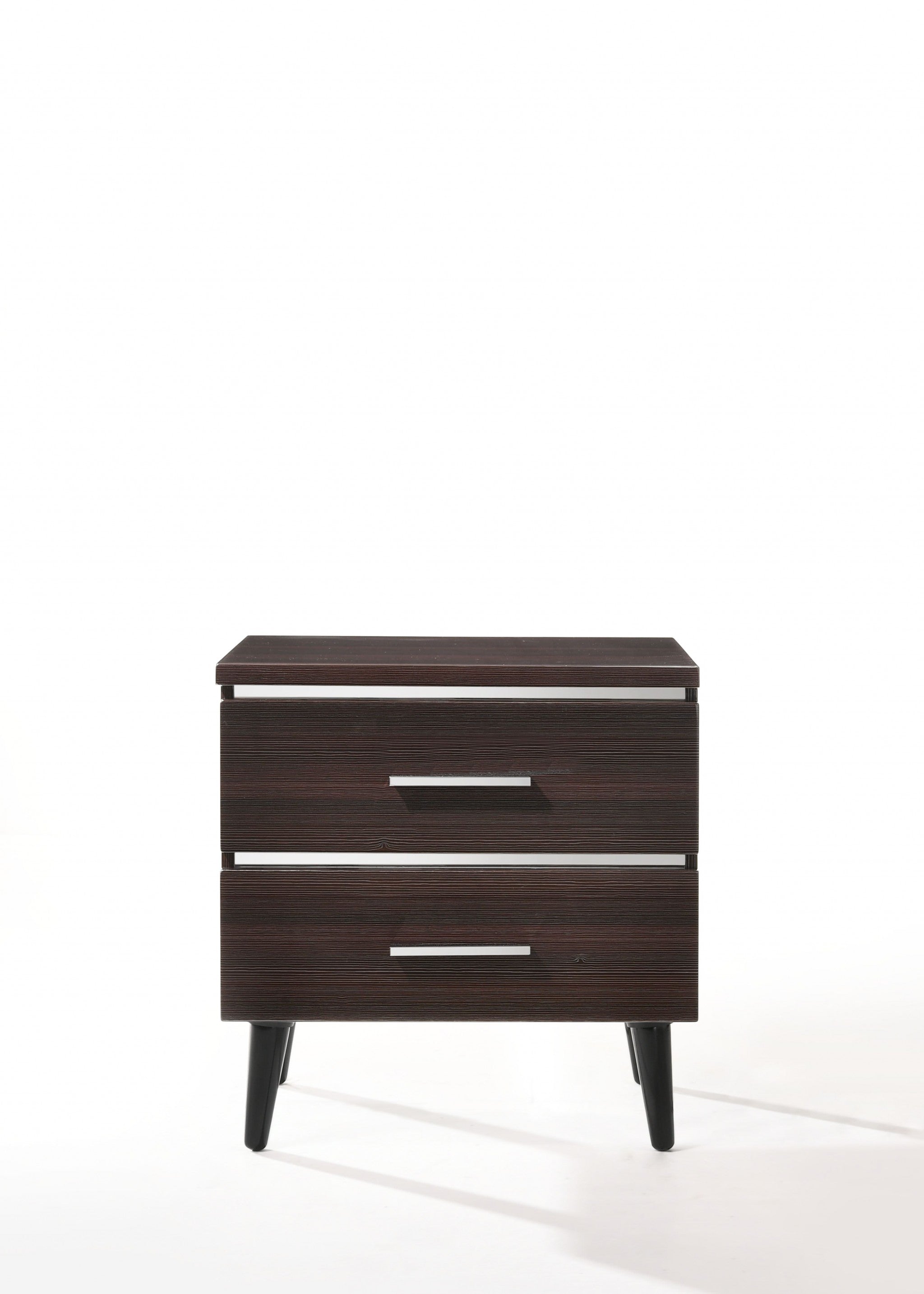 Elegant black high gloss wood veneer nightstand with three drawers, showcasing a contemporary design and polished finish.