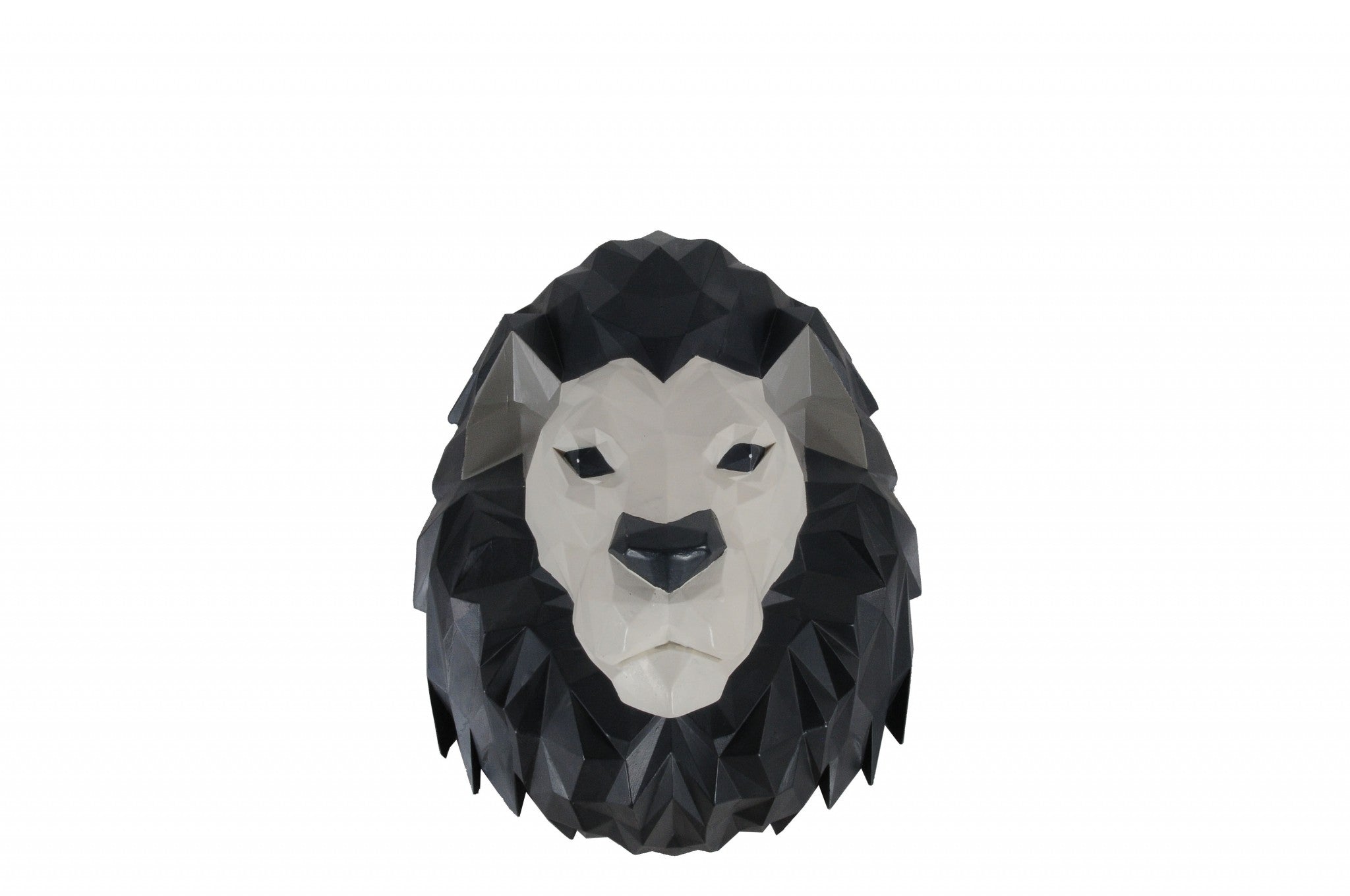 Handcrafted origami lion head wall decoration made of quality resin in subtle gray and white colors, measuring 11.5x9.5x14 inches.