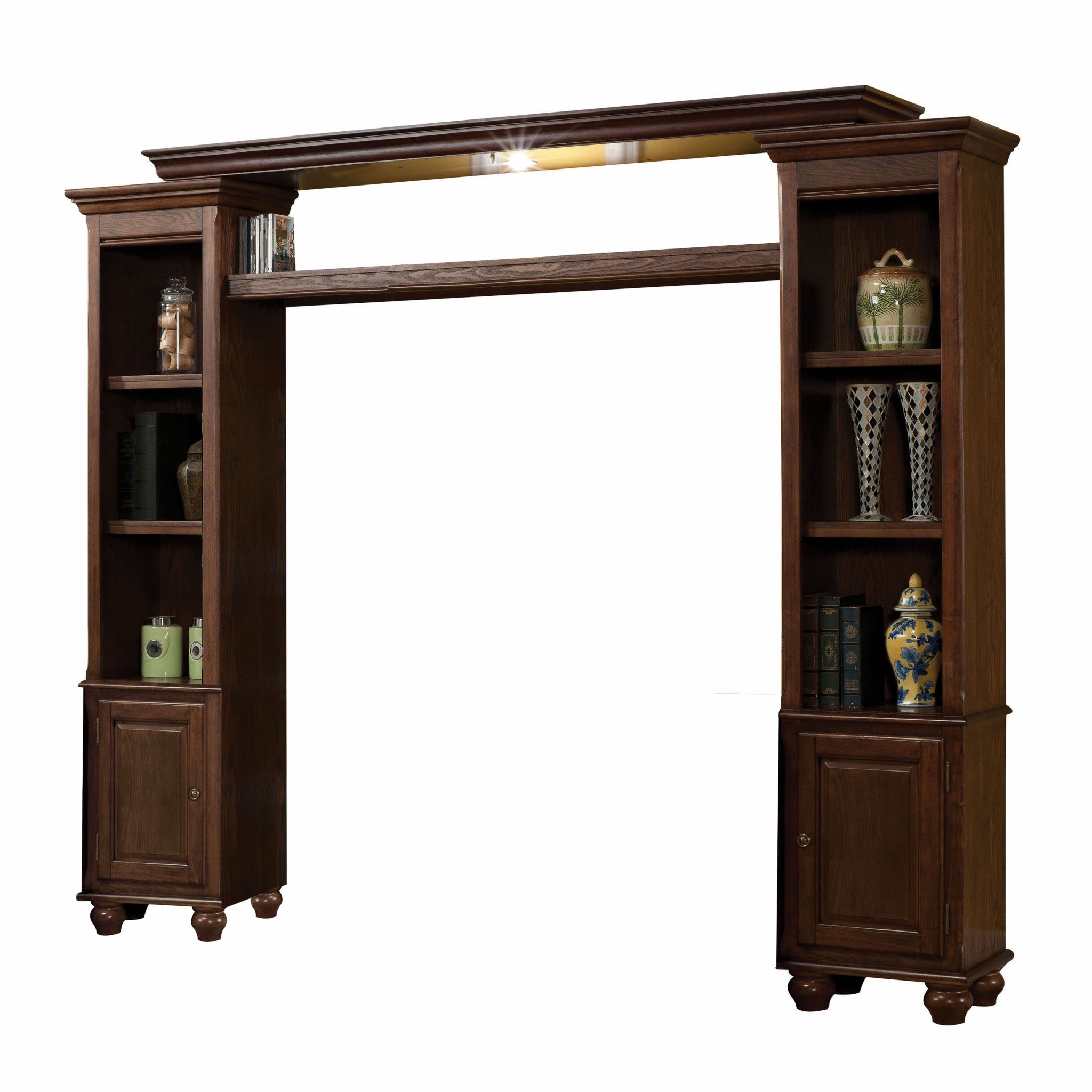 A stylish walnut wood entertainment center featuring two side piers and a shelf bridge with light function, dimensions 15x96x78 inches.