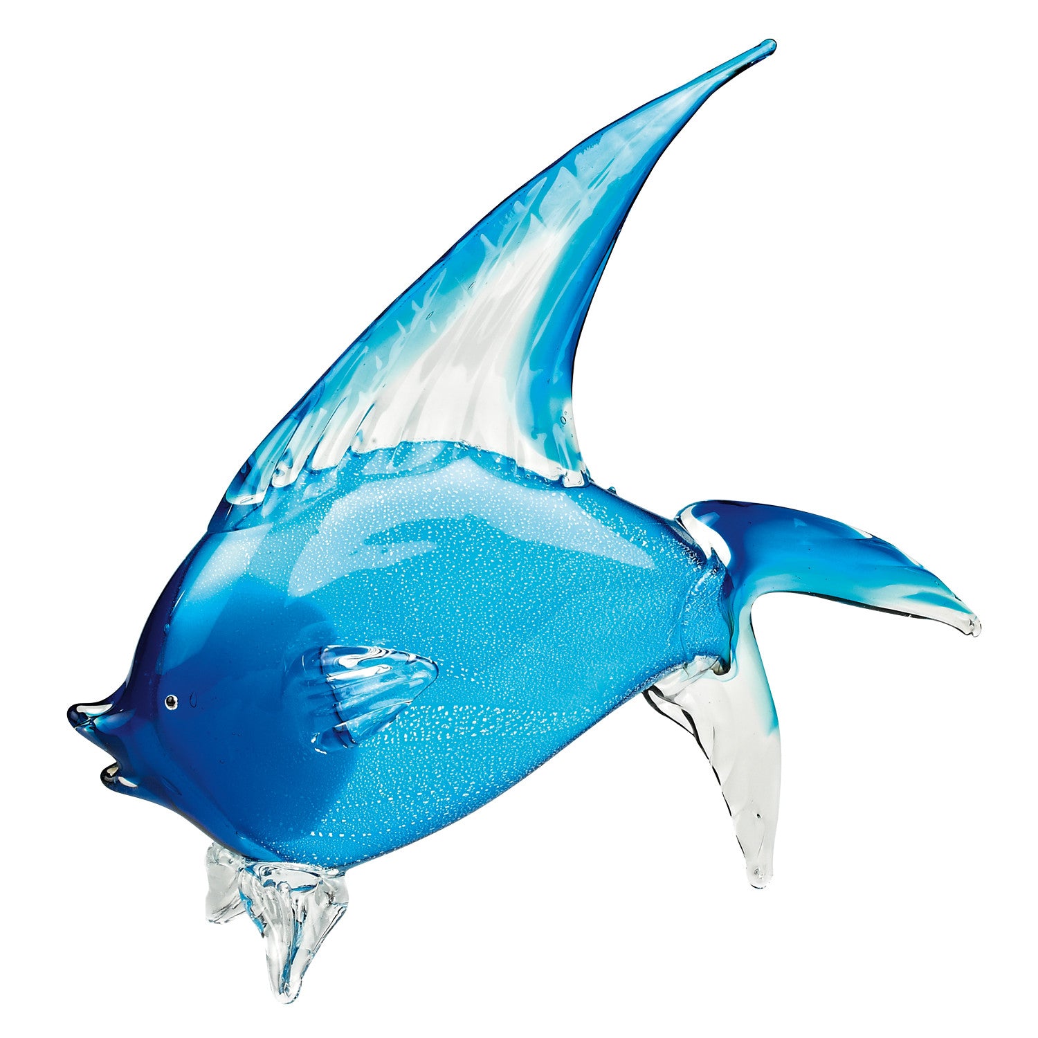 A beautifully crafted 16-inch mouth blown light blue tropical fish art glass dolphin, showcasing intricate details and vibrant color.