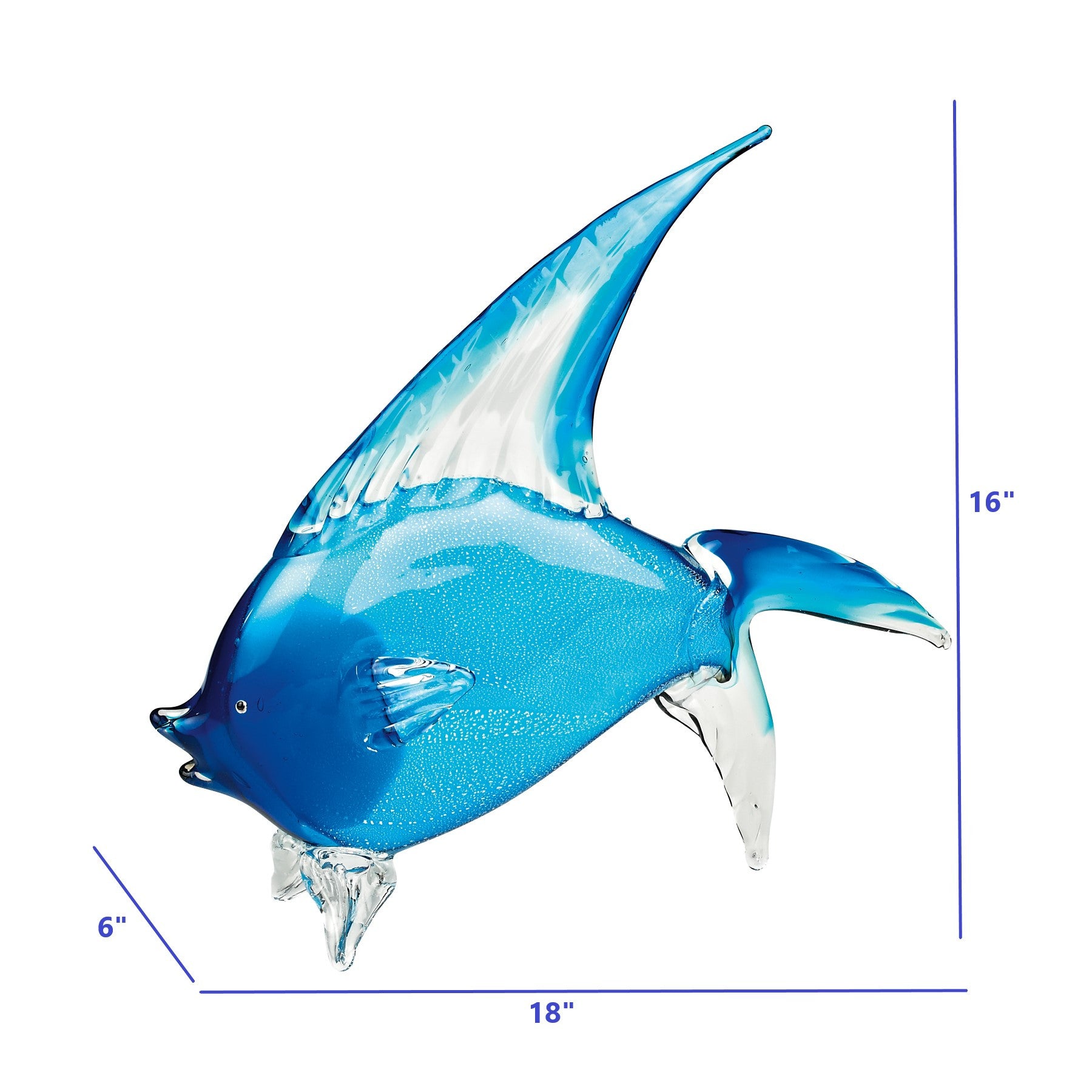 A beautifully crafted 16-inch mouth blown light blue tropical fish art glass dolphin, showcasing intricate details and vibrant color.