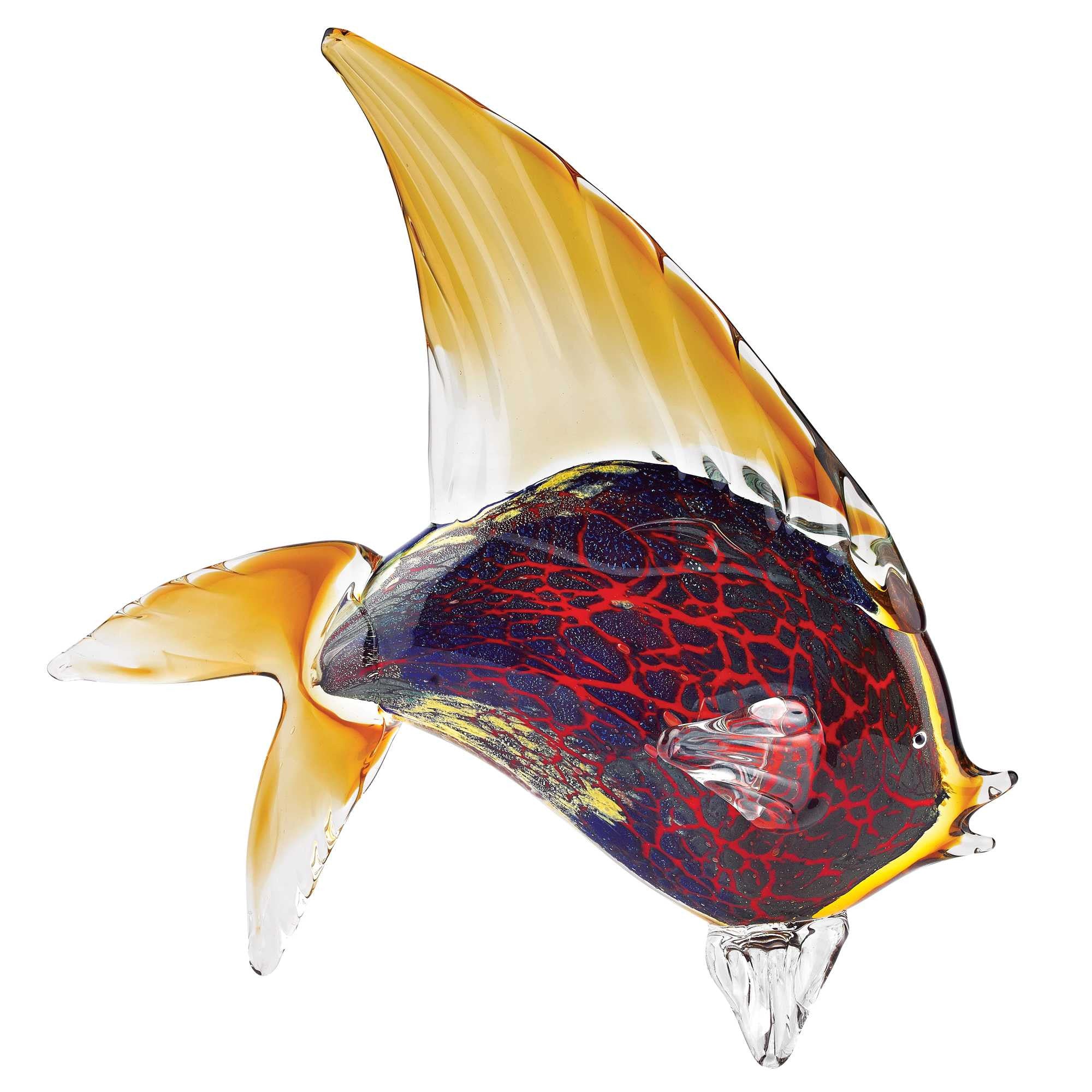 A vibrant 16-inch multi-color glass art tropical fish figurine, showcasing intricate details and a contemporary design, perfect for home decor.