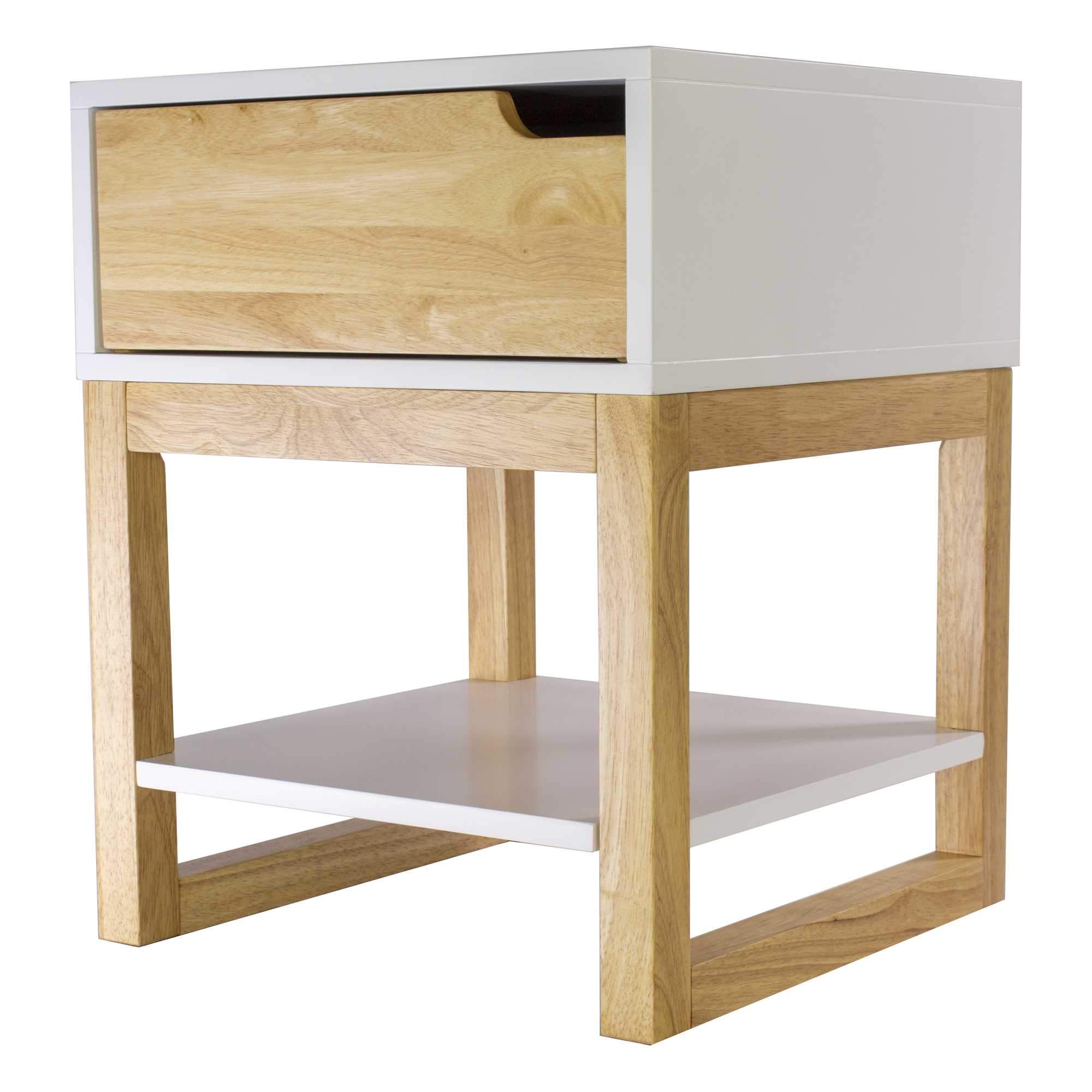 16-inch white and natural solid wood side table with one drawer and engineered wood shelf.