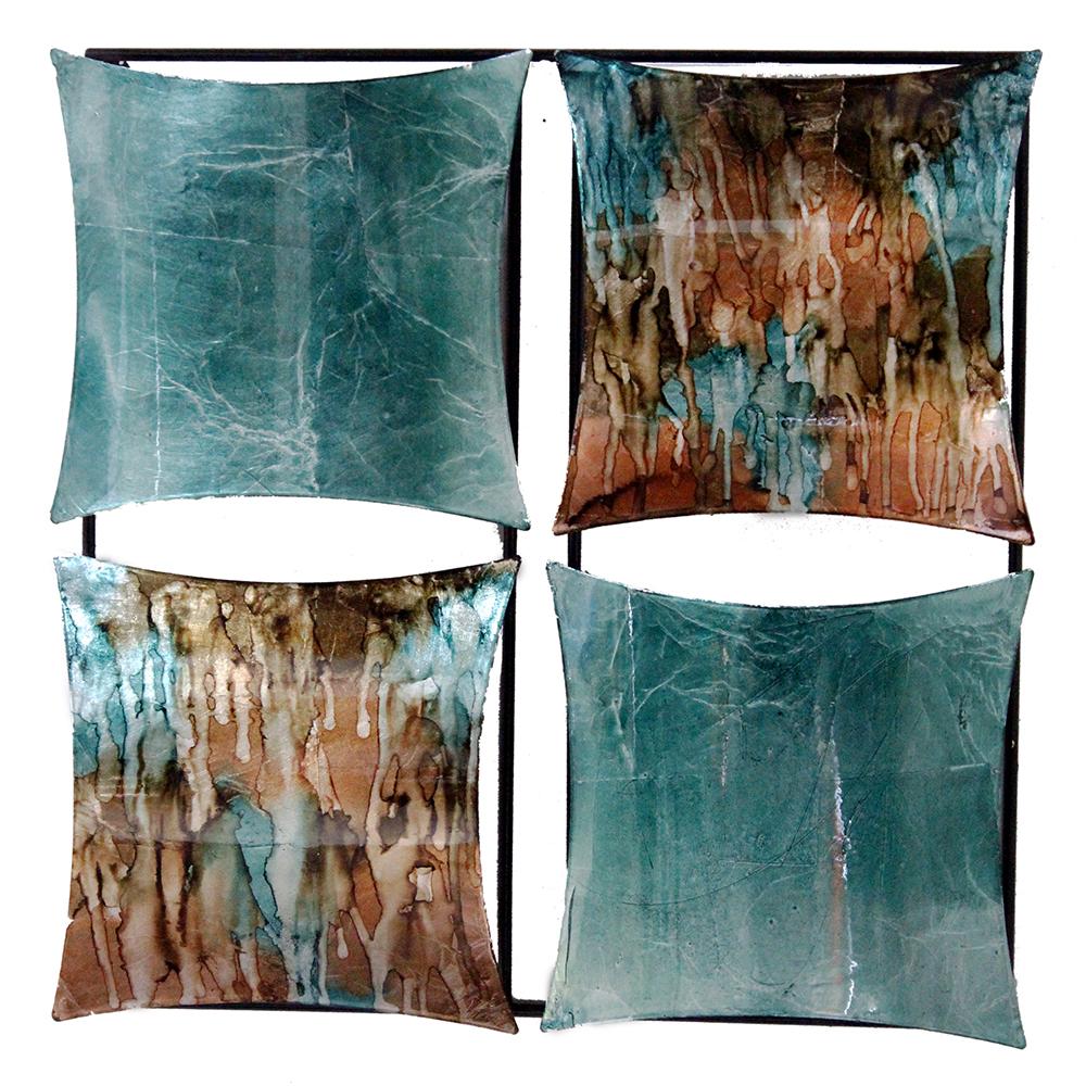 A vibrant 16" X 2" X 16" turquoise, copper, and bronze metal 4-panel square wall art, showcasing a unique design and foiled finish.