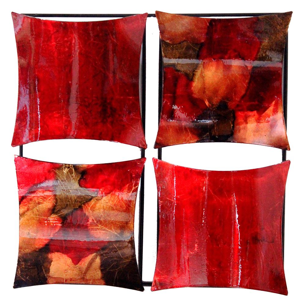 A vibrant 16" X 2" X 16" turquoise, copper, and bronze metal 4-panel square wall art, showcasing a unique design and foiled finish.