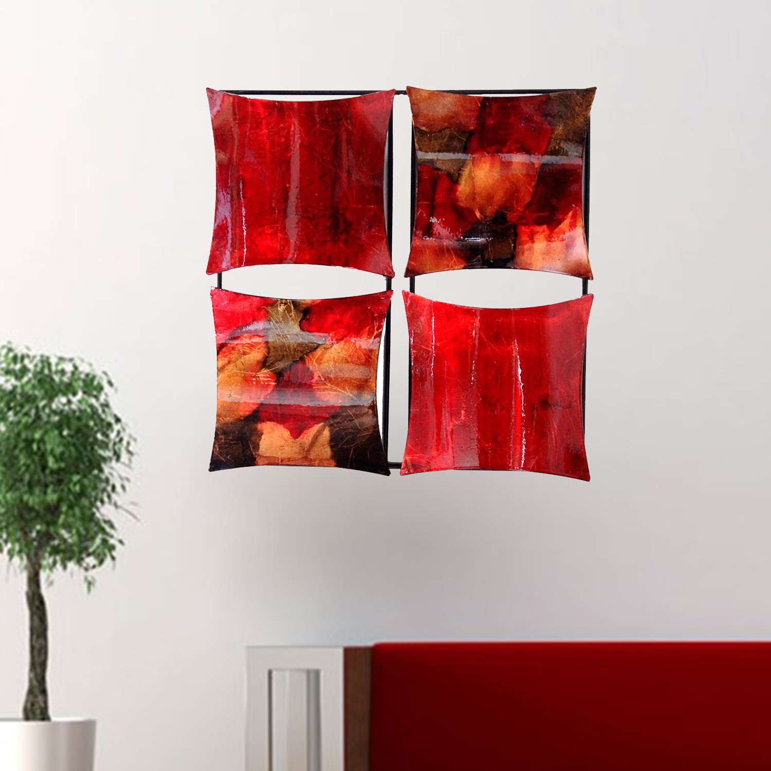 A vibrant 16" X 2" X 16" turquoise, copper, and bronze metal 4-panel square wall art, showcasing a unique design and foiled finish.