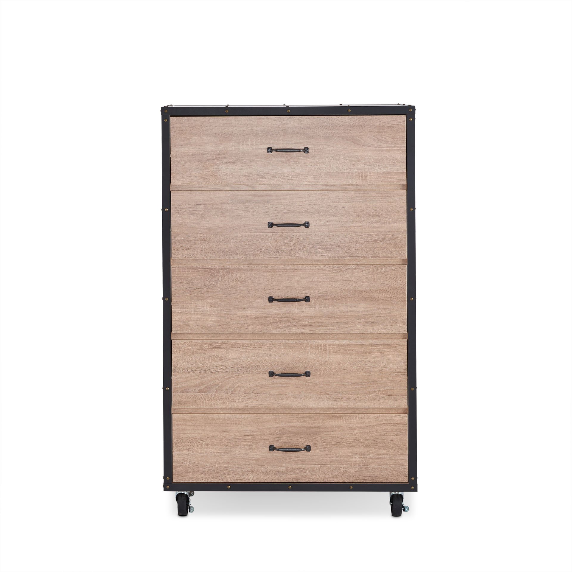 A stylish 5-drawer chest in weathered light oak finish with black handles, perfect for bedroom storage.