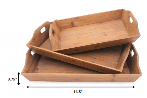 Three-piece brown wooden serving tray set with cut-out handles, showcasing natural wood texture and varying sizes for versatile serving.