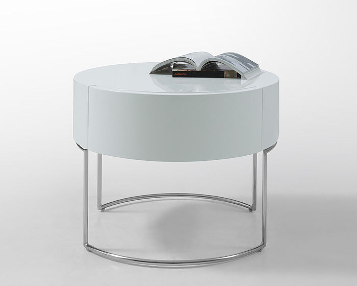 16-inch white lacquer stainless steel nightstand showcasing sleek design and ample storage space.