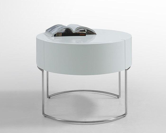 16-inch white lacquer stainless steel nightstand showcasing sleek design and ample storage space.