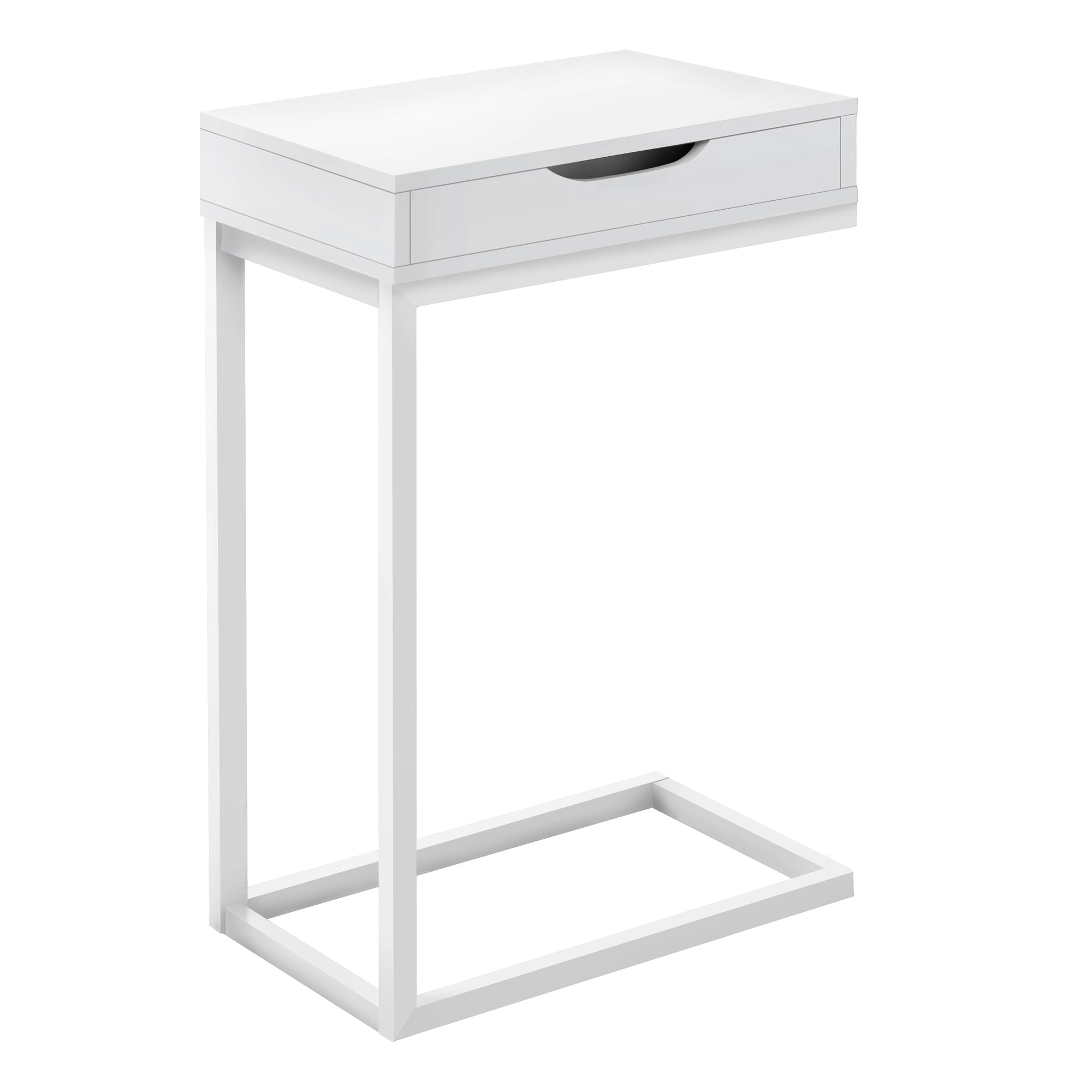 A stylish white metal accent table with a drawer, featuring a C-shaped design for easy placement beside a sofa or bed.