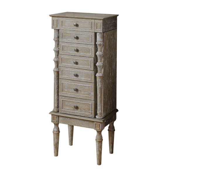 Elegant 16x10x40 inches weathered oak mirror jewelry armoire with six drawers and side hooks.